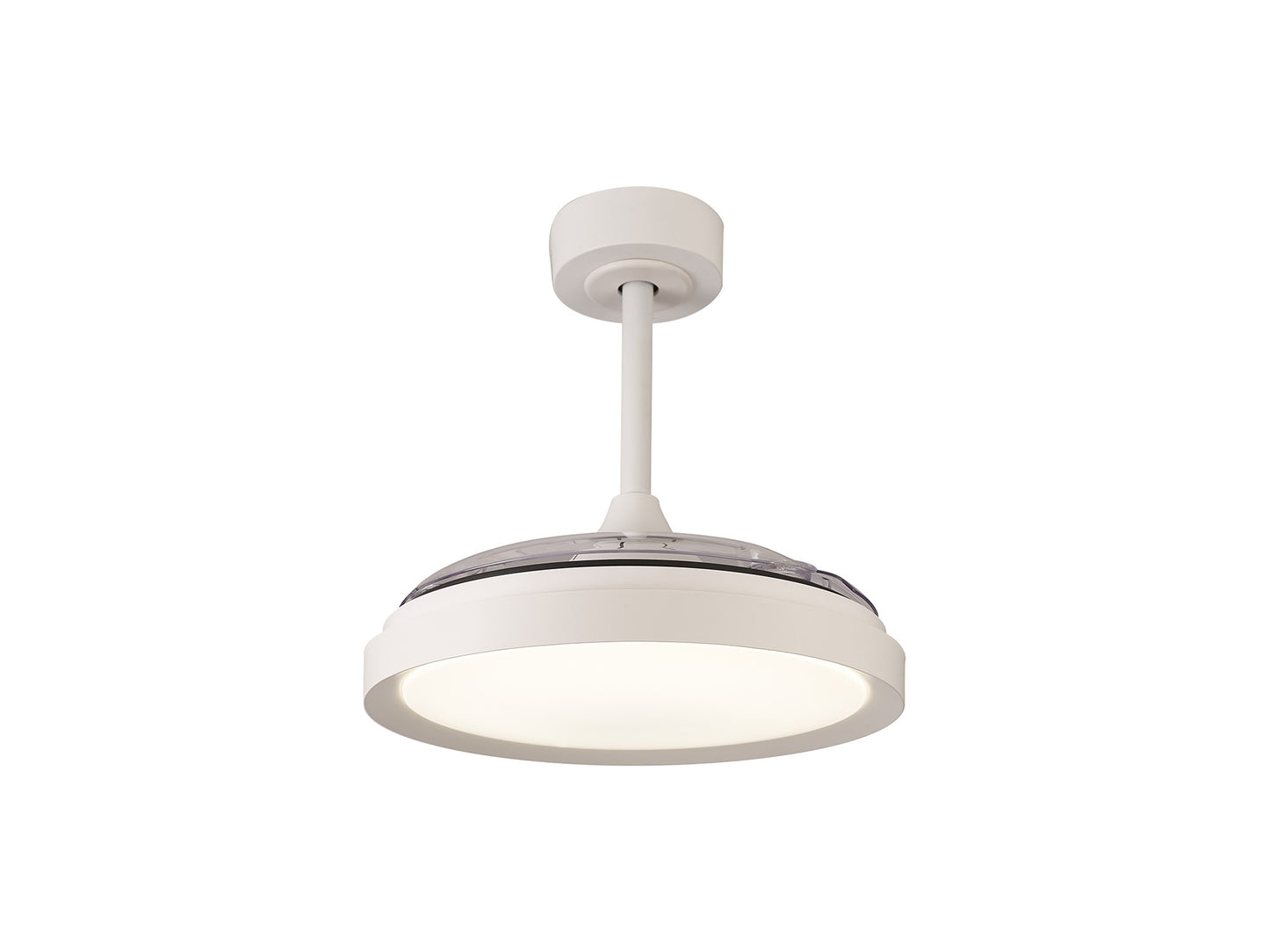 Introducing the Mistral Mini White Ceiling Fan with Light by Ceiling Fans UK. This fixture features a cylindrical base attached to the ceiling, with a rod connecting to a round, wide, flat light and fan unit that showcases a sleek, minimalist design. The dimmable 40W LED lighting emits a soft white glow and can be easily adjusted using the remote control. It also includes a built-in 28W DC fan and comes with an impressive 5-year warranty.