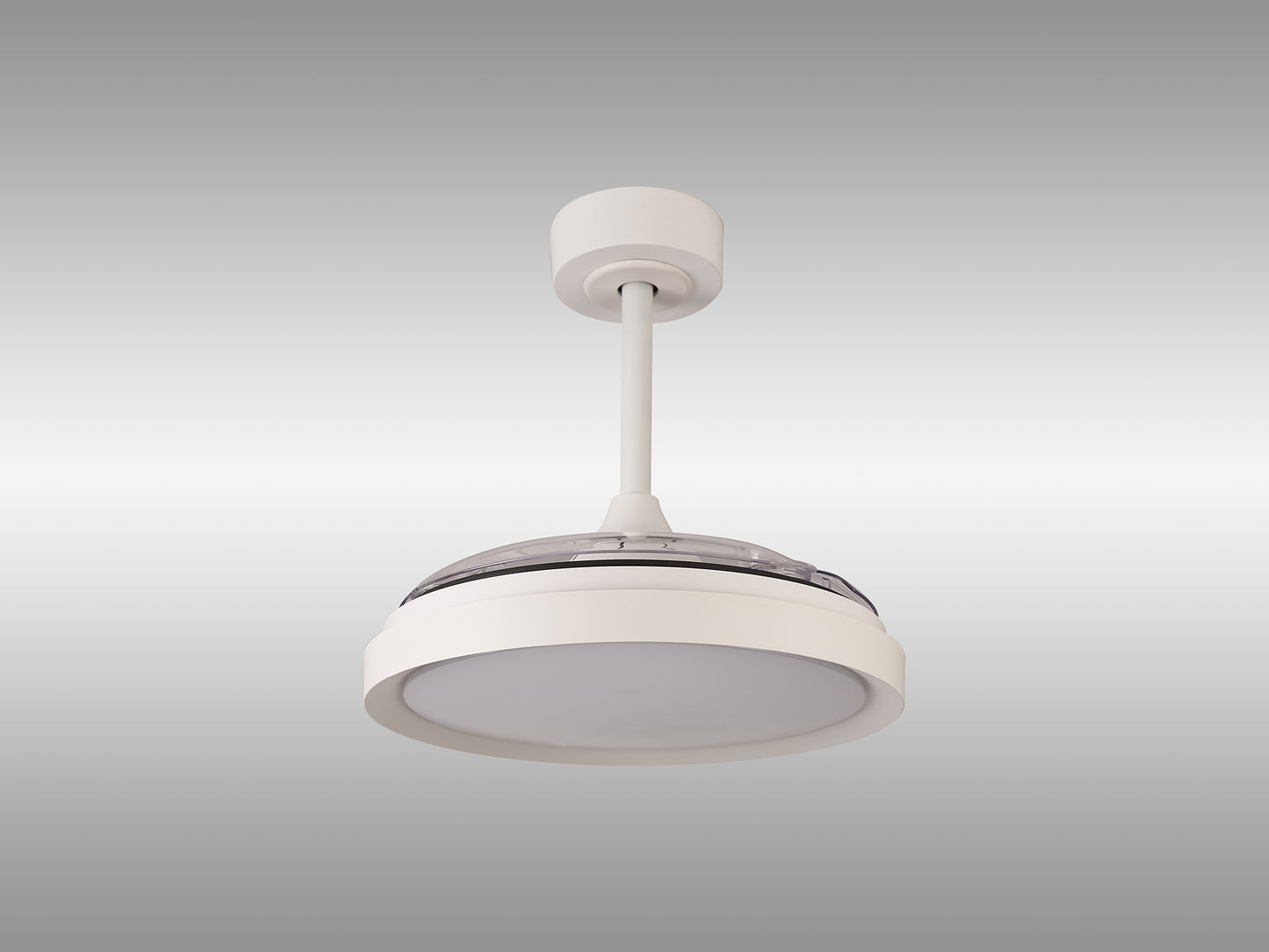 A modern, white Mistral Mini Ceiling Fan with Light from Ceiling Fans UK showcases a cylindrical base and a round, flat dimmable 40W LED lighting fixture beneath it, seen from below against a plain gray background. This ceiling fan also includes a built-in 28W DC fan, remote control, and comes with a 5-year warranty.