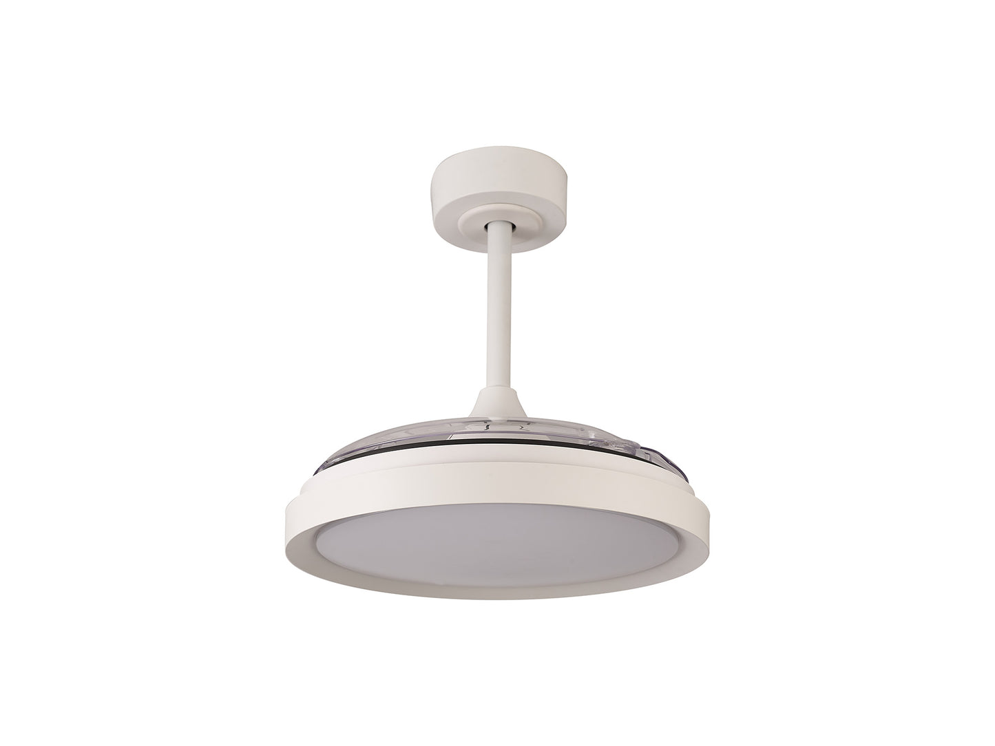 The Mistral Mini White Ceiling Fan with Light from Ceiling Fans UK features a contemporary white design with a cylindrical base and central circular light fixture. This 40W LED dimmable ceiling light includes an integrated 28W DC fan, semi-transparent section above the lighting, and a straight, minimalistic stem for remote control convenience. It also comes with a 5-year warranty.