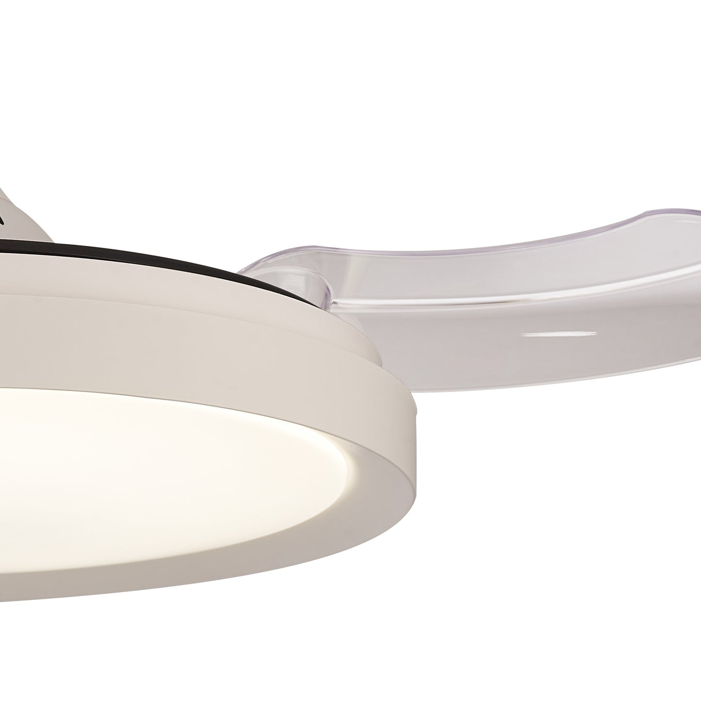 Close-up of the Ceiling Fans UK MANTRA M8829 Mistral Mini White Ceiling Fan, featuring a round dimmable 40W LED light, built-in 28W DC fan, one translucent blade, and handy remote control. Comes with a 5-year warranty.