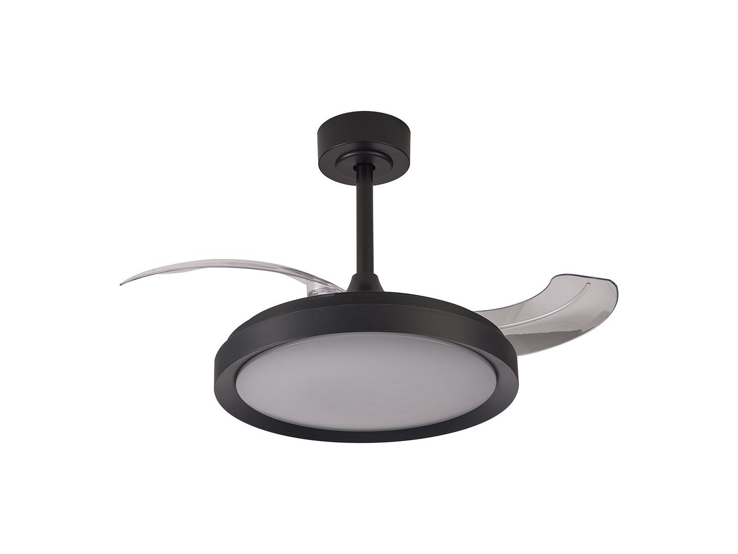 The Mistral Mini Black Ceiling Fan with Light from Ceiling Fans UK is a contemporary marvel featuring a circular black base and a dimmable 40W LED ceiling light. This sleek design includes two translucent curved blades on opposing sides and a black stem connecting the base to the ceiling mount. The built-in 28W DC fan is effortlessly controlled with an included remote control, and it comes with an impressive 5-year warranty.