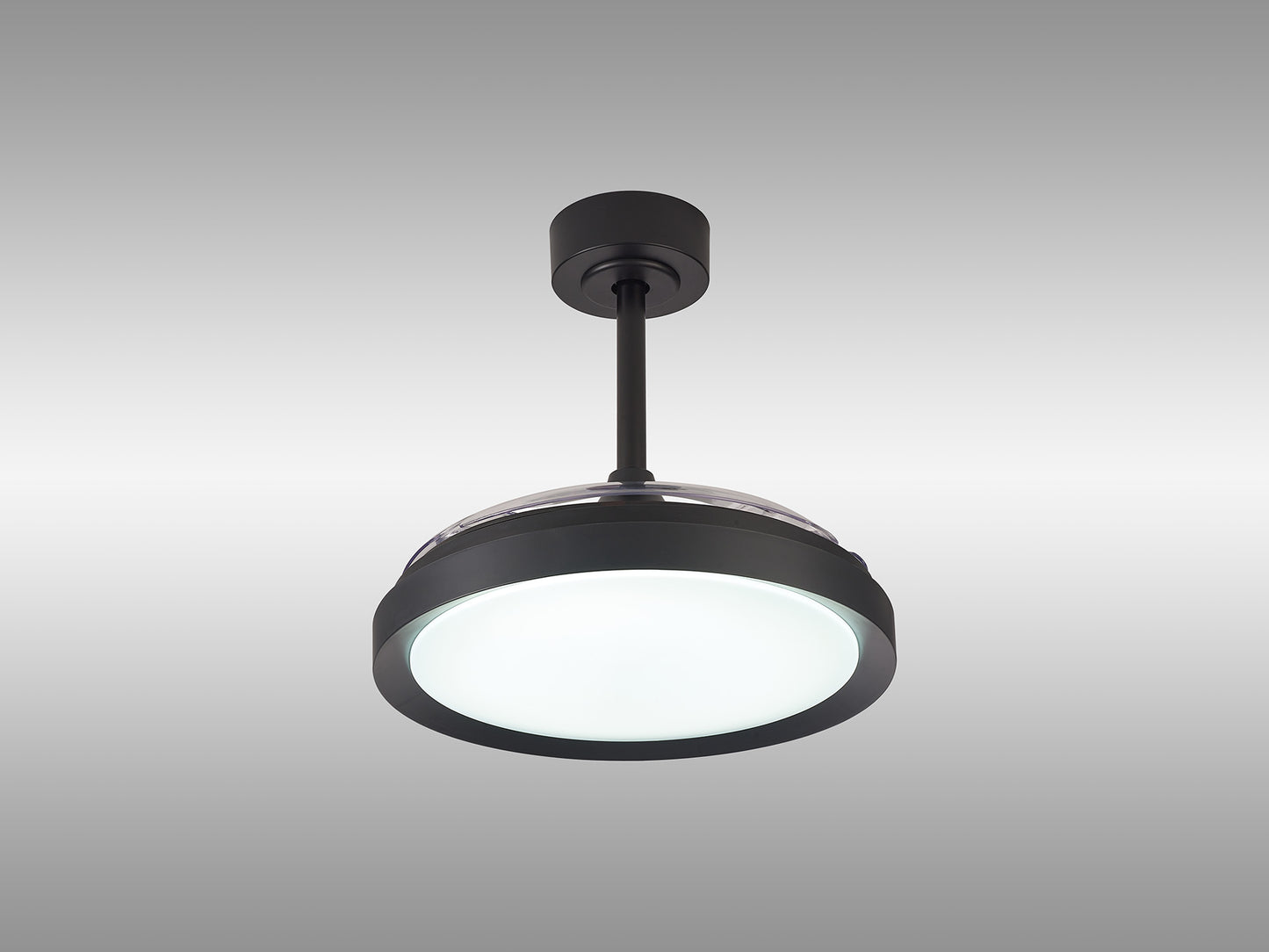 Introducing the Mistral Mini Black Ceiling Fan with Light from Ceiling Fans UK. This modern fixture combines a sleek cylindrical design with a dimmable 40W LED light and a built-in 28W DC fan. The frosted glass cover ensures soft light diffusion, while the unit is mounted on a black rod connected to a round base, perfectly set off against a plain grey background. Additionally, it includes remote control functionality and comes with an impressive 5-year warranty.