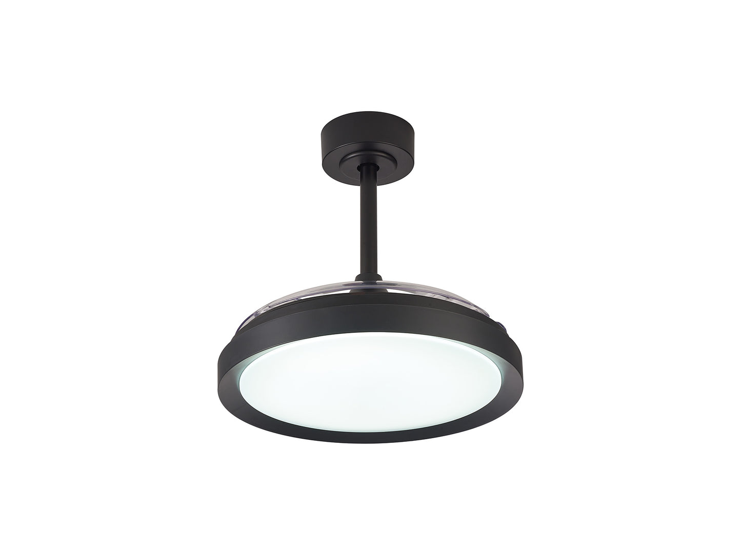 The Mistral Mini Black Ceiling Fan with Light by Ceiling Fans UK features a minimalist cylindrical housing in black, complemented by a frosted white circular lens. This modern and sleek ceiling fan is suspended from the ceiling via a black rod, connected to a black round ceiling mount. It offers customizable ambiance with its 40W LED dimmable lights and includes a built-in 28W DC fan for added functionality. Additionally, it comes with a remote control and is backed by a 5-year warranty.