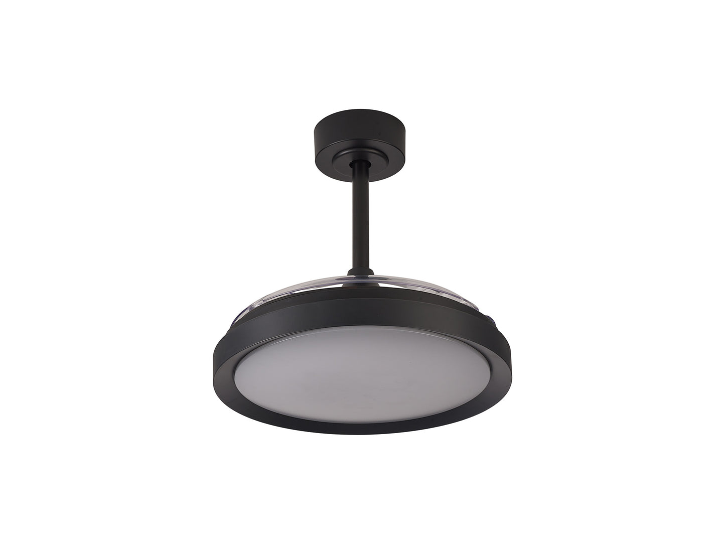 The Mistral Mini Black Ceiling Fan with Light by Ceiling Fans UK is a sleek and modern ceiling fixture featuring a cylindrical design, a matte finish, and a frosted glass diffuser. This dimmable 40W LED light, which includes a built-in 28W DC fan, is suspended from the ceiling by a short rod. It also boasts a minimalist appearance and comes with remote control functionality and a 5-year warranty for added convenience.