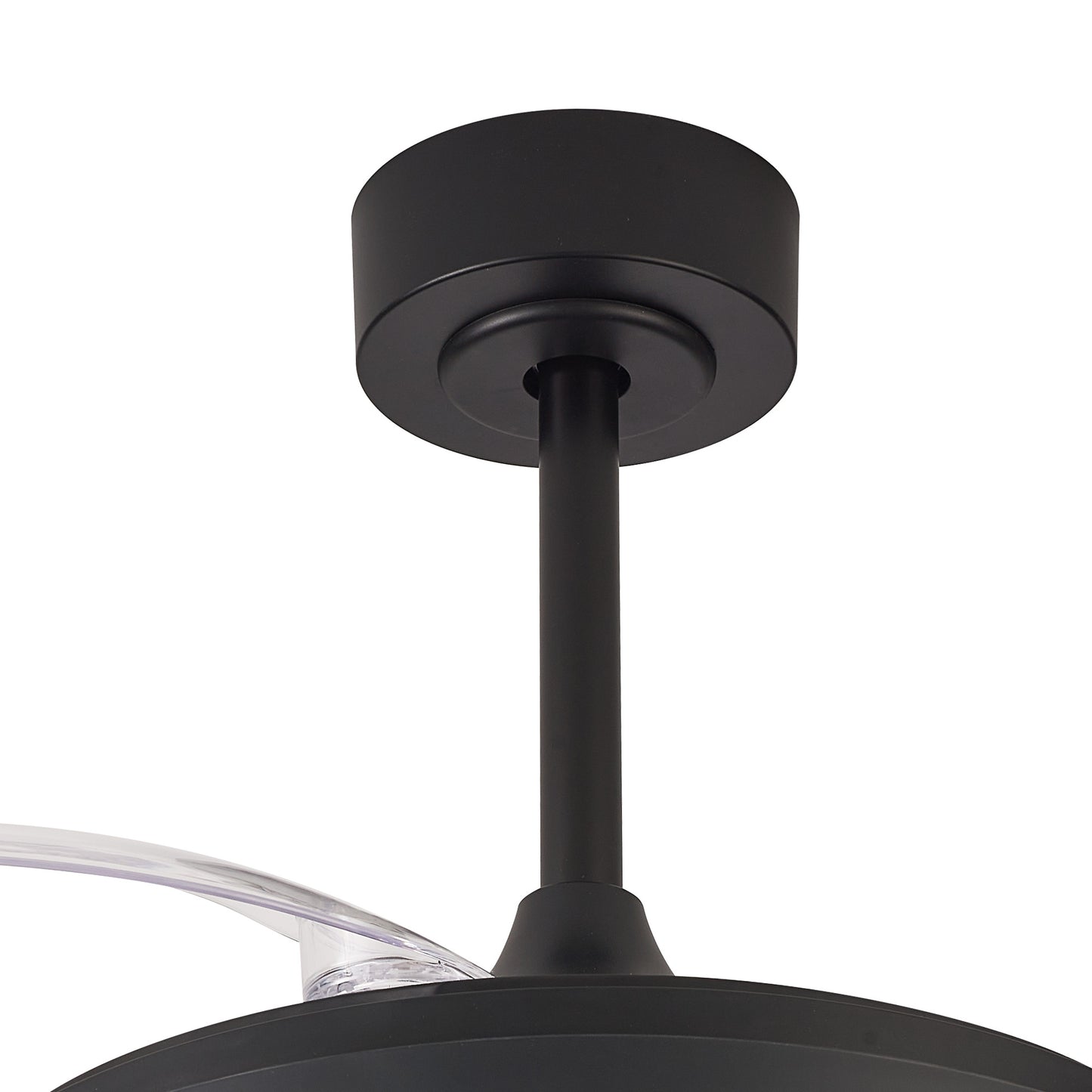 A close-up view of the Mistral Mini Black Ceiling Fan with Light from Ceiling Fans UK reveals its cylindrical base that attaches to the ceiling. Extending downward is a straight rod connected to the fan's translucent light fixture, which now includes a dimmable 40W LED for enhanced ambiance. This product also features a built-in 28W DC fan and comes with a remote control and a 5-year warranty.