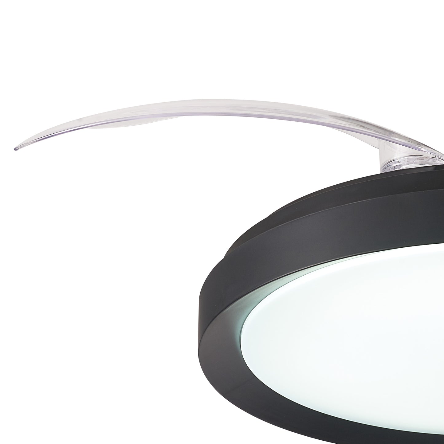 Close-up of the Ceiling Fans UK Mistral Mini Black Ceiling Fan with a sleek black ring and a circular white diffuser featuring a 40W dimmable LED light. A transparent, curved extension protrudes from the top of the fixture, adding a contemporary design element. This modern fan includes a built-in 28W DC fan for optimal performance and comes with a remote control for convenience. It is backed by a 5-year warranty.