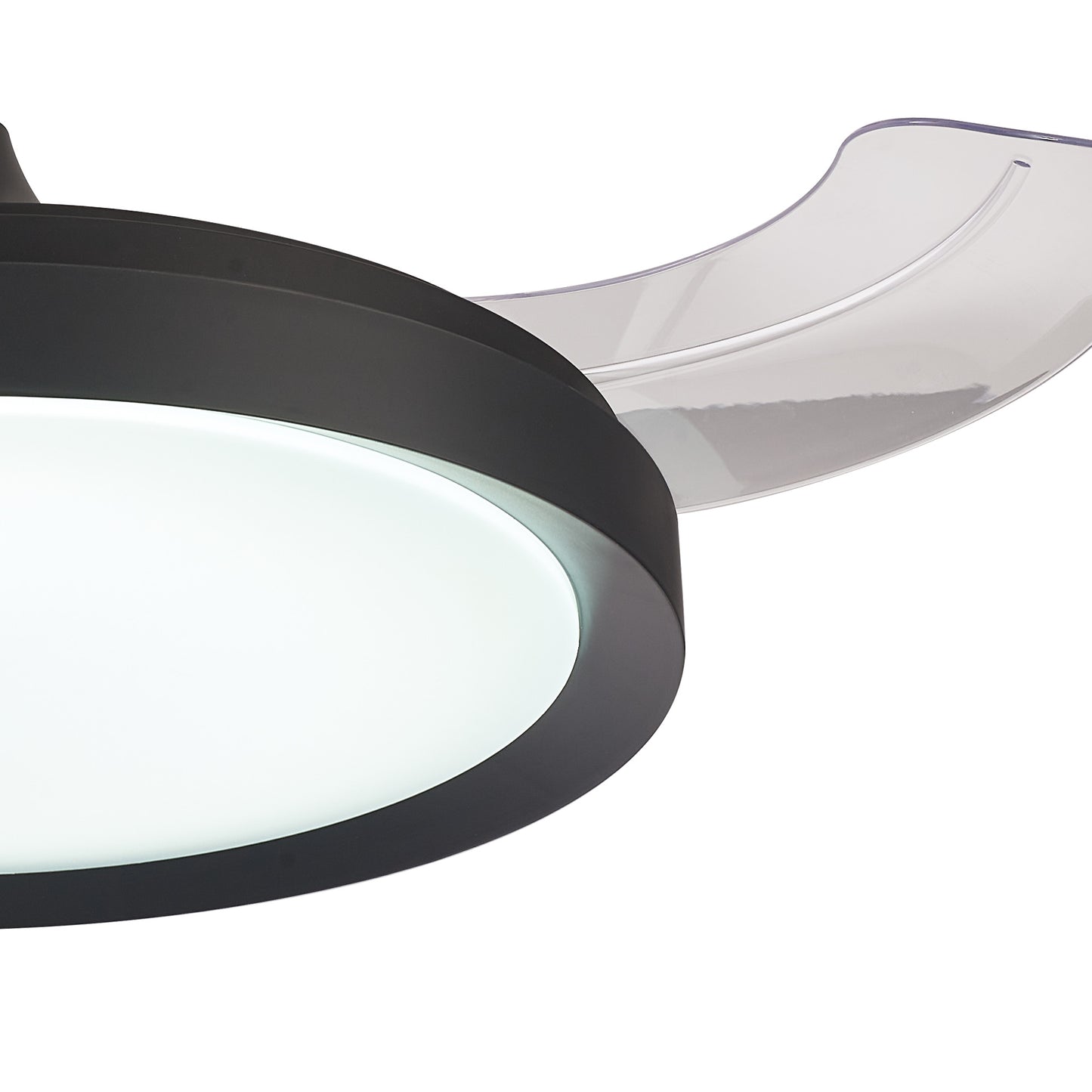 A close-up of the Mistral Mini Black Ceiling Fan by Ceiling Fans UK, featuring a sleek, black circular base that holds an integrated 40W dimmable LED light and a partially extended, transparent blade with a smooth, curved edge. The built-in 28W DC fan also comes with a convenient remote control for easy adjustments and is backed by a 5-year warranty.