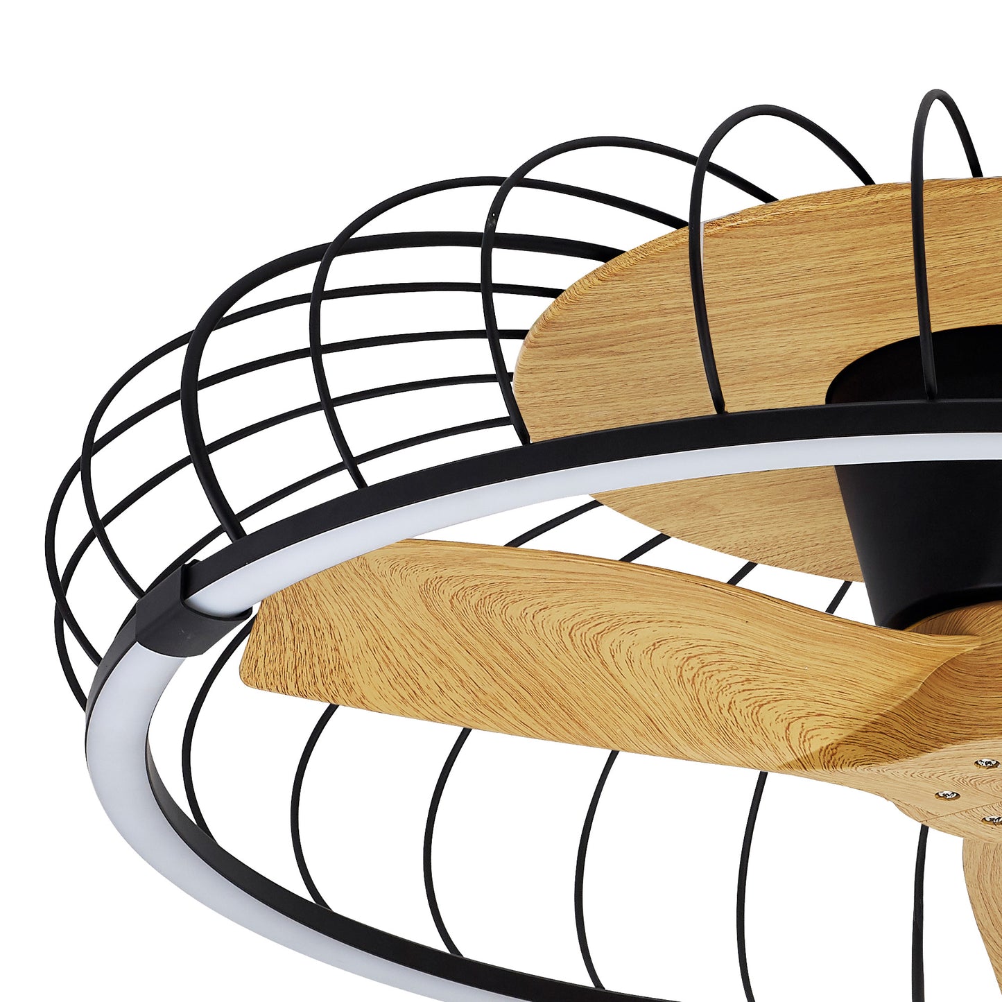 Close-up of the Ceiling Fans UK MANTRA M7808 Nature Black/Beech 79cm ceiling fan, featuring a sleek black frame, beech blades, dimmable 75W LED light, built-in 30W DC reversible fan, and remote & app control for modern convenience.