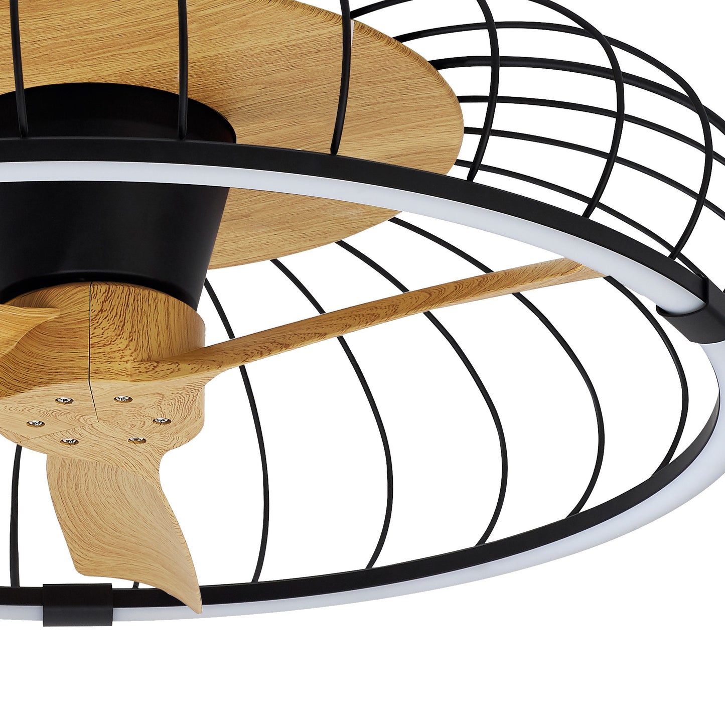 Close-up of the MANTRA M7808 Nature Black/Beech Ceiling Fan with Light (79cm, 75W LED dimmable) by Ceiling Fans UK, featuring a black metal frame, wooden blades, 30W DC reversible motor, and modern controls via remote or app.