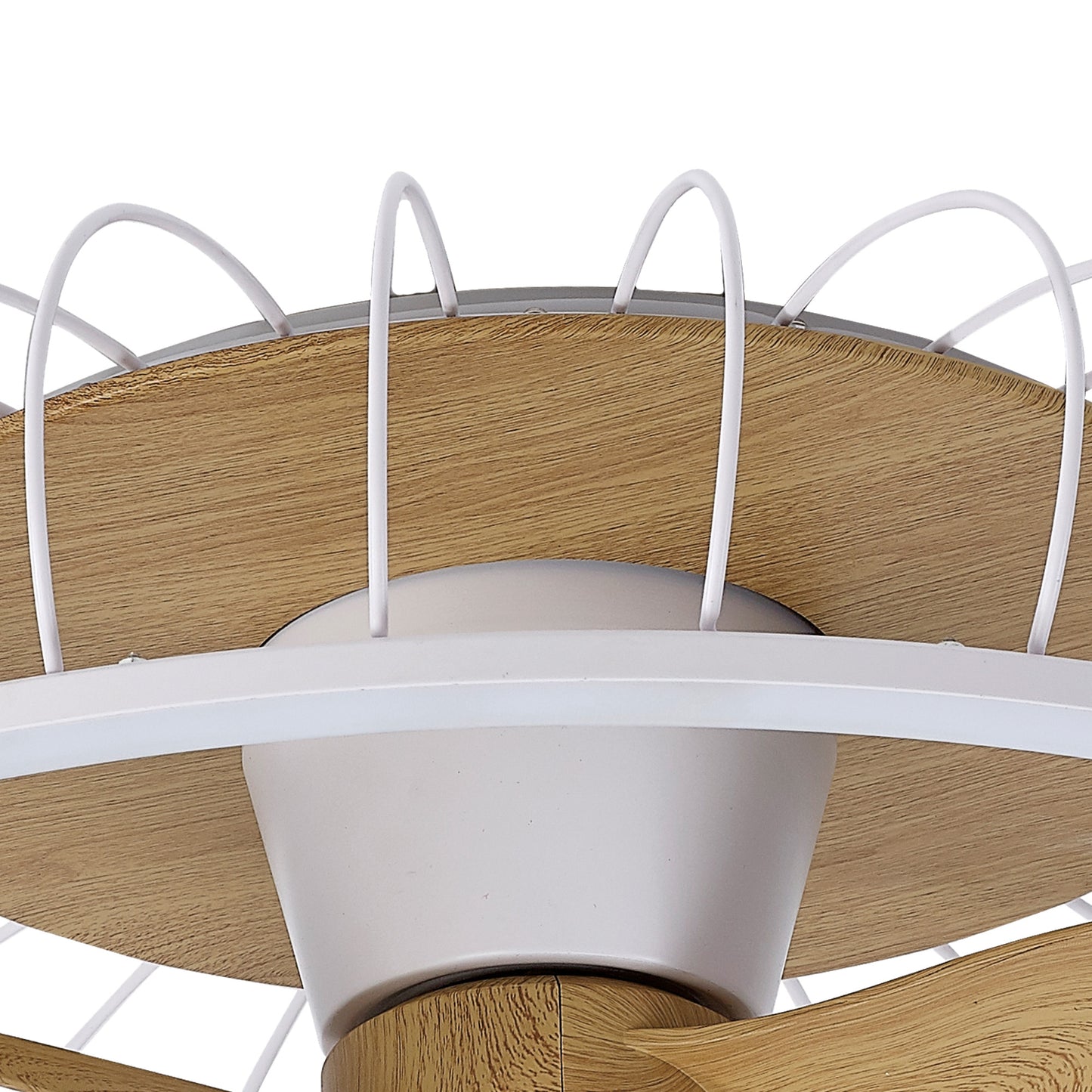 Close-up of the Ceiling Fans UK MANTRA M7809 Nature White/Beech 79cm Ceiling Fan with LED dimmable light, 75W, built-in 30W DC reversible motor, remote & app control, white metal accents and curved white spokes, set on a plain white background.