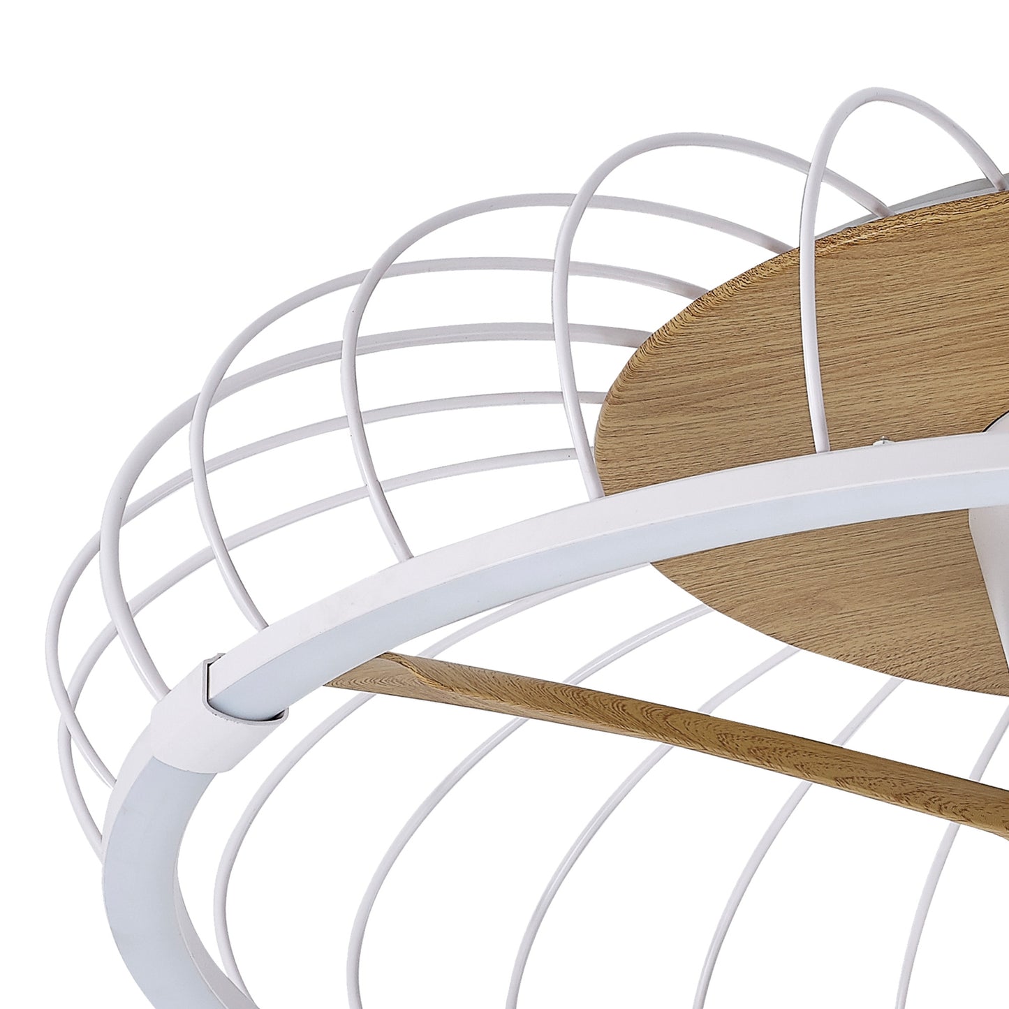 Close-up of the Ceiling Fans UK MANTRA M7809 Nature White/Beech 79cm ceiling fan with 75W dimmable LED light and built-in 30W DC reversible fan, featuring remote and app control for easy adjustments.