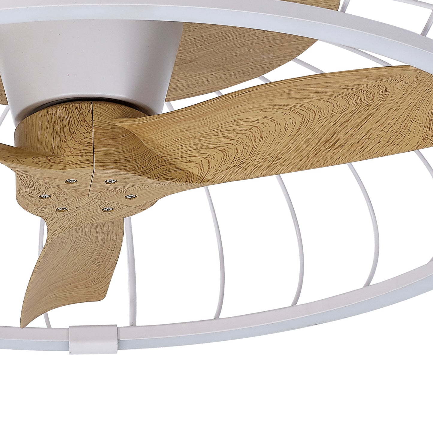 Close-up of the Ceiling Fans UK MANTRA M7809 Nature White/Beech Ceiling Fan, featuring 79cm light wood blades in a white frame, a 75W dimmable LED light, 30W DC reversible fan, and remote & APP control for convenience.