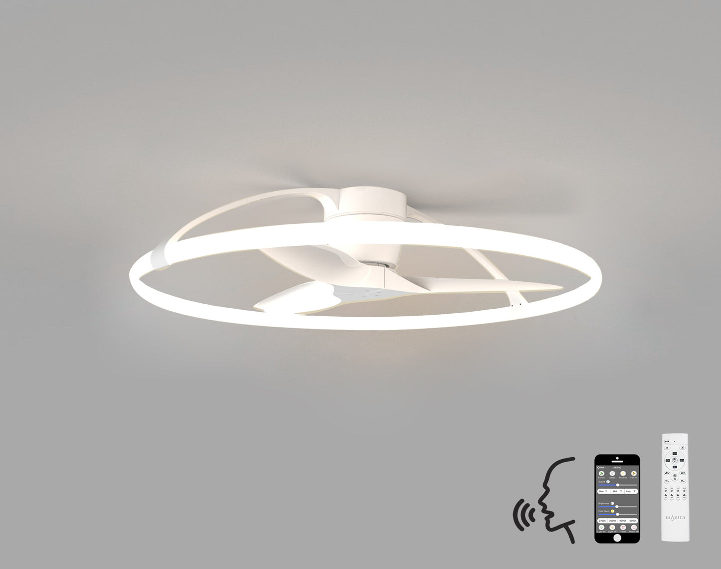A modern, circular ceiling fixture from Ceiling Fans UK is shown. The Nepal White Ceiling Fan with Light features a sleek, minimalist design with two intersecting rings forming the 105cm 75W LED Dimmable Light. It includes a built-in 35W DC reversible fan and is controlled via remote, smartphone app, and voice control through Alexa or Google. The image includes icons indicating its voice control capabilities.