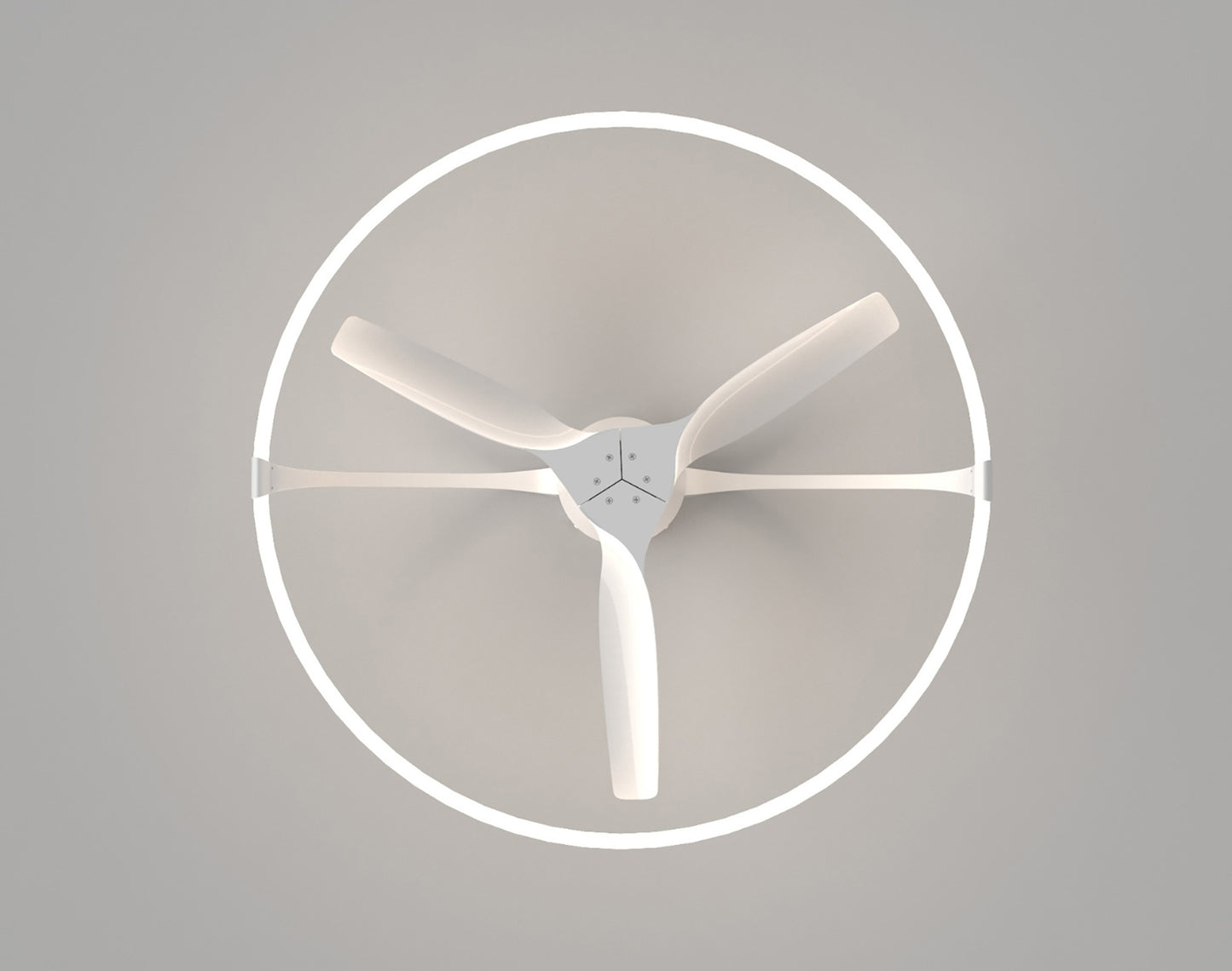 The Nepal White Ceiling Fan with Light from Ceiling Fans UK features a minimalist design with three white blades enclosed within a 105cm circular LED Dimmable Light ring. This sleek and modern fan, mounted on a plain, light-colored ceiling, combines functionality and aesthetics. It is equipped with a built-in 35W DC reversible fan and offers remote control, as well as APP & Alexa/Google voice control for added convenience.