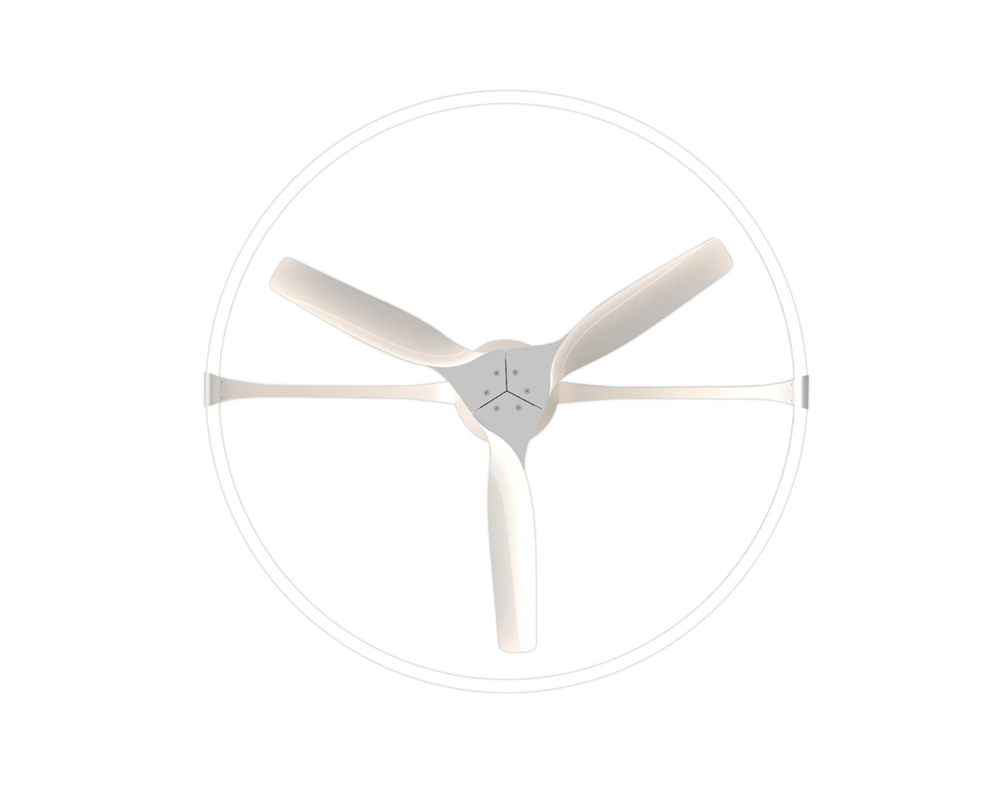 An overhead view showcases the Nepal White Ceiling Fan with Light from Ceiling Fans UK, featuring three white blades and a white circular frame. The fan's minimalist design includes a central hub that connects the blades, and it comes equipped with a 75W LED dimmable light. This reversible fan, boasting a built-in 35W DC motor, integrates seamlessly into the plain white background and offers modern conveniences like remote control, app connectivity, and Alexa/Google voice control.