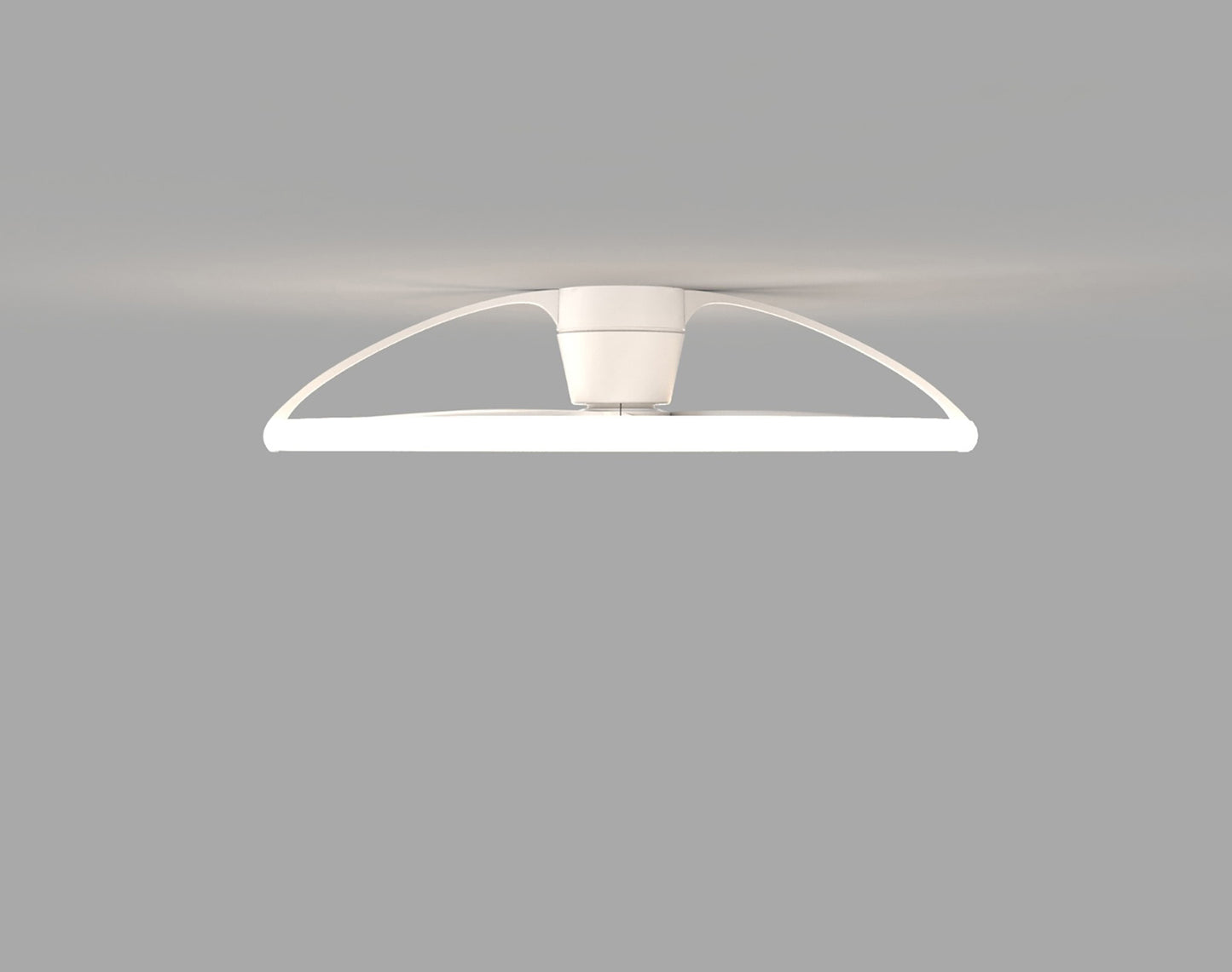 The Nepal White Ceiling Fan with Light by Ceiling Fans UK boasts a modern minimalist design, featuring a central cylindrical base and two elegantly curved, wing-like arms. This 105cm fixture is equipped with 75W LED dimmable light technology, providing a soft and even glow. Additionally, it includes a built-in 35W DC reversible fan and comes complete with remote control, app functionality, and Alexa/Google voice control. The sophisticated design is set against a plain, light grey background.
