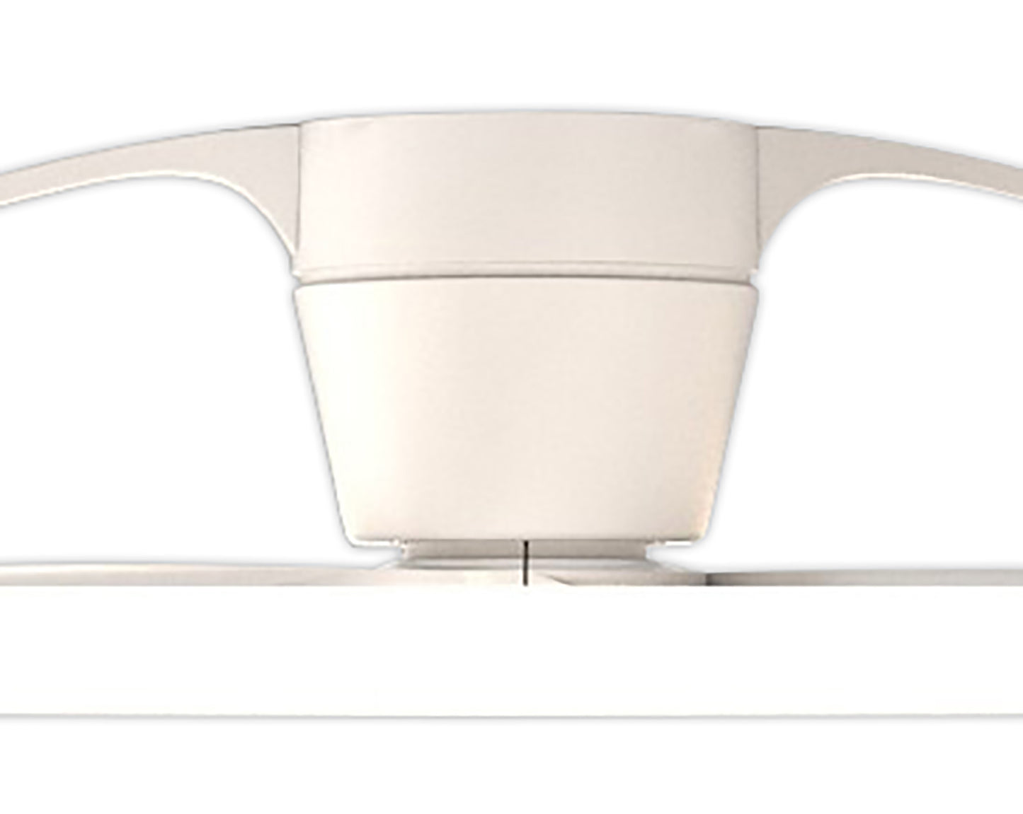 Close-up of the Nepal White Ceiling Fan with Light by Ceiling Fans UK. The central hub is cylindrical and white, with two sleek, curved blades extending outward. The design is minimalist, featuring smooth surfaces and smart voice control compatible with Alexa and Google for added convenience. The background is plain white.