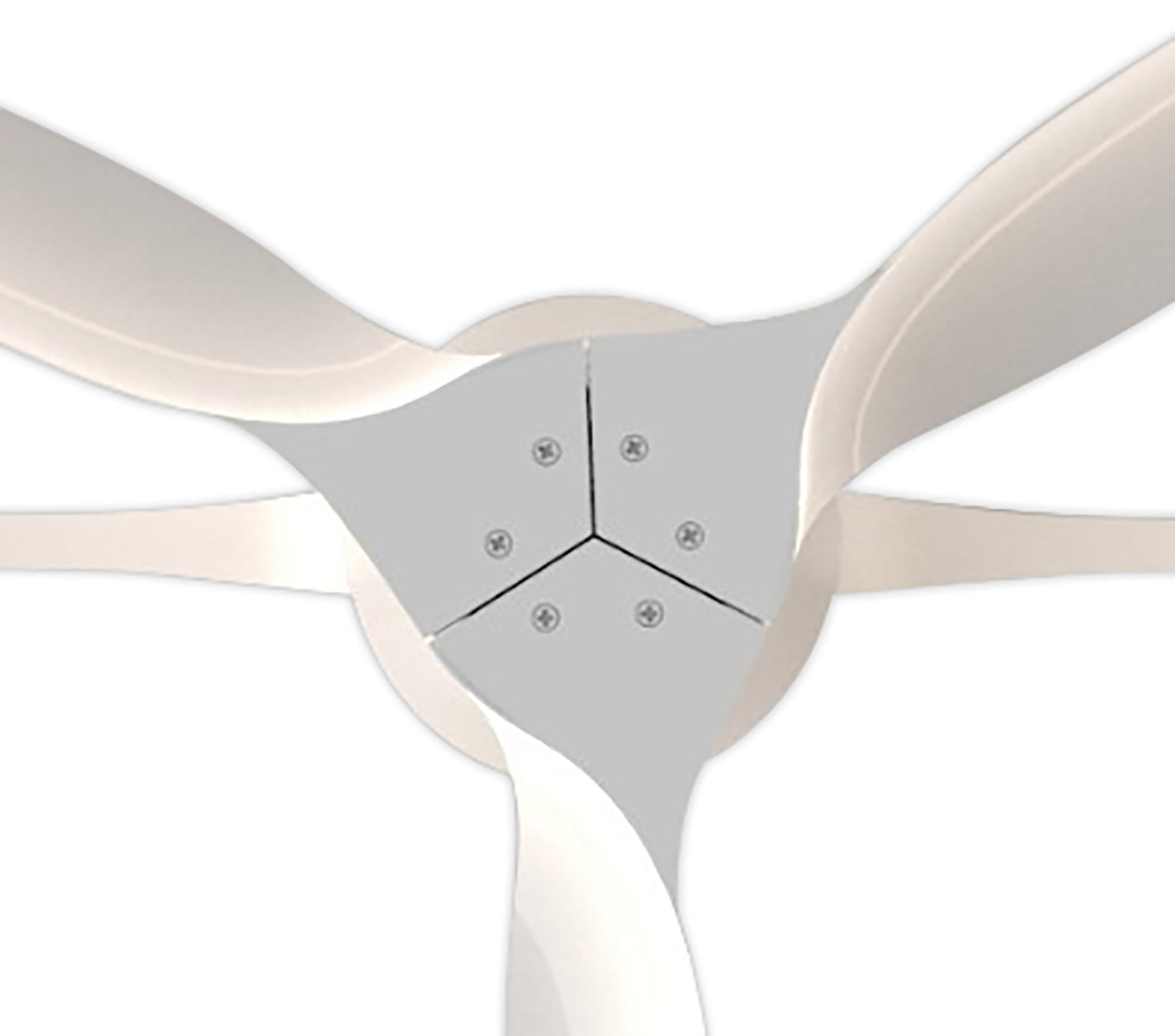Close-up image of the hub of the Ceiling Fans UK Nepal White Ceiling Fan with Light, 105cm. The hub is composed of three triangular panels, each fixed with two visible screws. The blades and hub are white with a modern, sleek design. This reversible fan includes a 75W LED dimmable light for customizable ambiance and comes complete with remote control, APP & Alexa/Google voice control. The background is white.