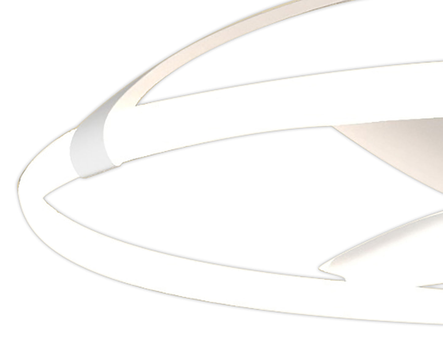 A close-up of the Nepal White Ceiling Fan with Light by Ceiling Fans UK showcases its modern design, featuring smooth, curved lines that form an abstract shape for a sleek and minimalist appearance. Equipped with a dimmable 75W LED light, it emits a soft white glow. The background is plain white. The fixture also includes a built-in 35W DC reversible fan and comes with remote control, app connectivity, and Alexa/Google voice control functionality.