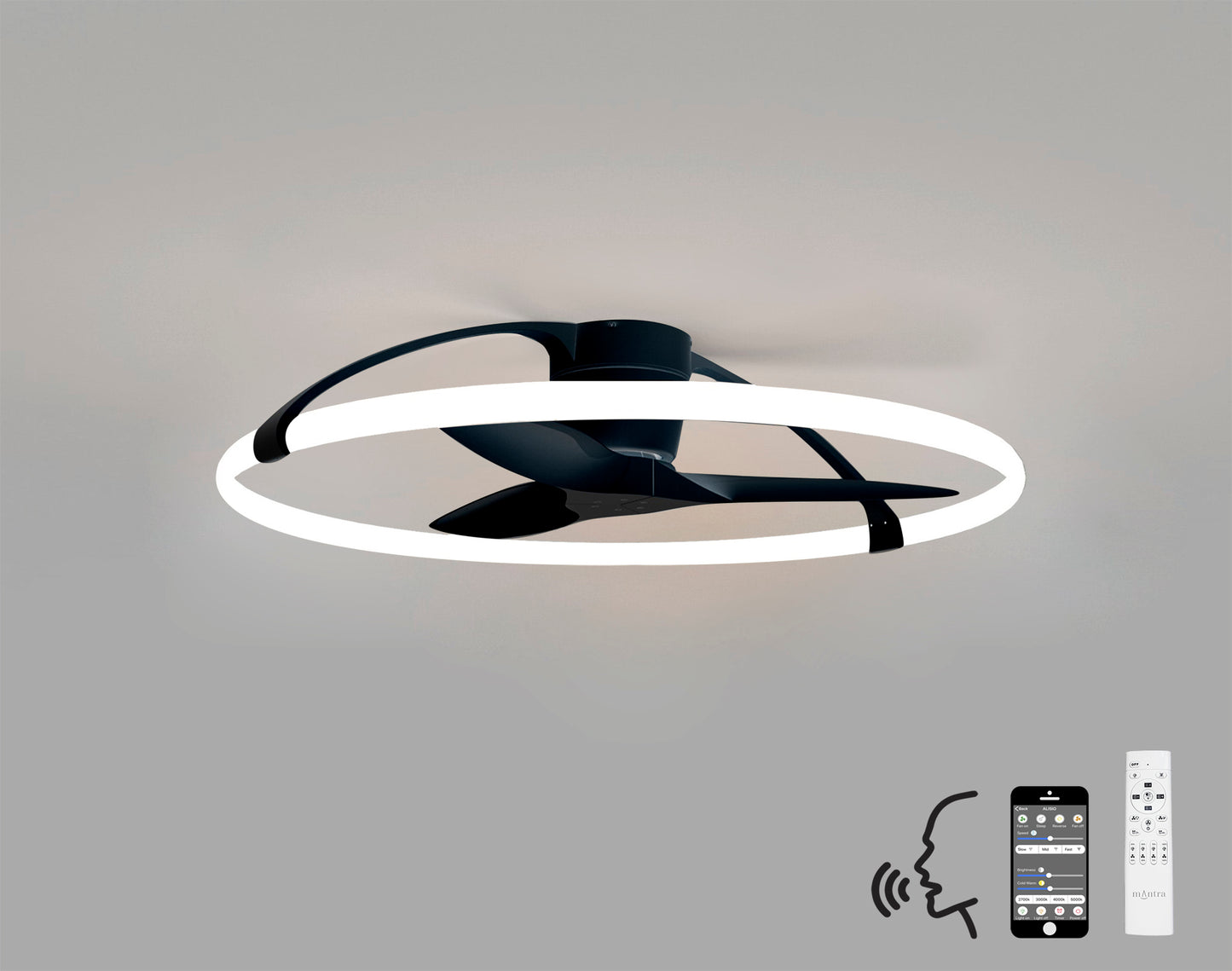 Introducing the Nepal Black Ceiling Fan by Ceiling Fans UK, a modern ceiling fan with sleek, aerodynamic blades, integrated 75W LED dimmable light producing 7200lm, and a circular light ring design. This 105cm fan includes a built-in 35W DC reversible motor and comes with a remote control. It also supports Alexa and Google Voice Control through a smartphone app for added convenience.