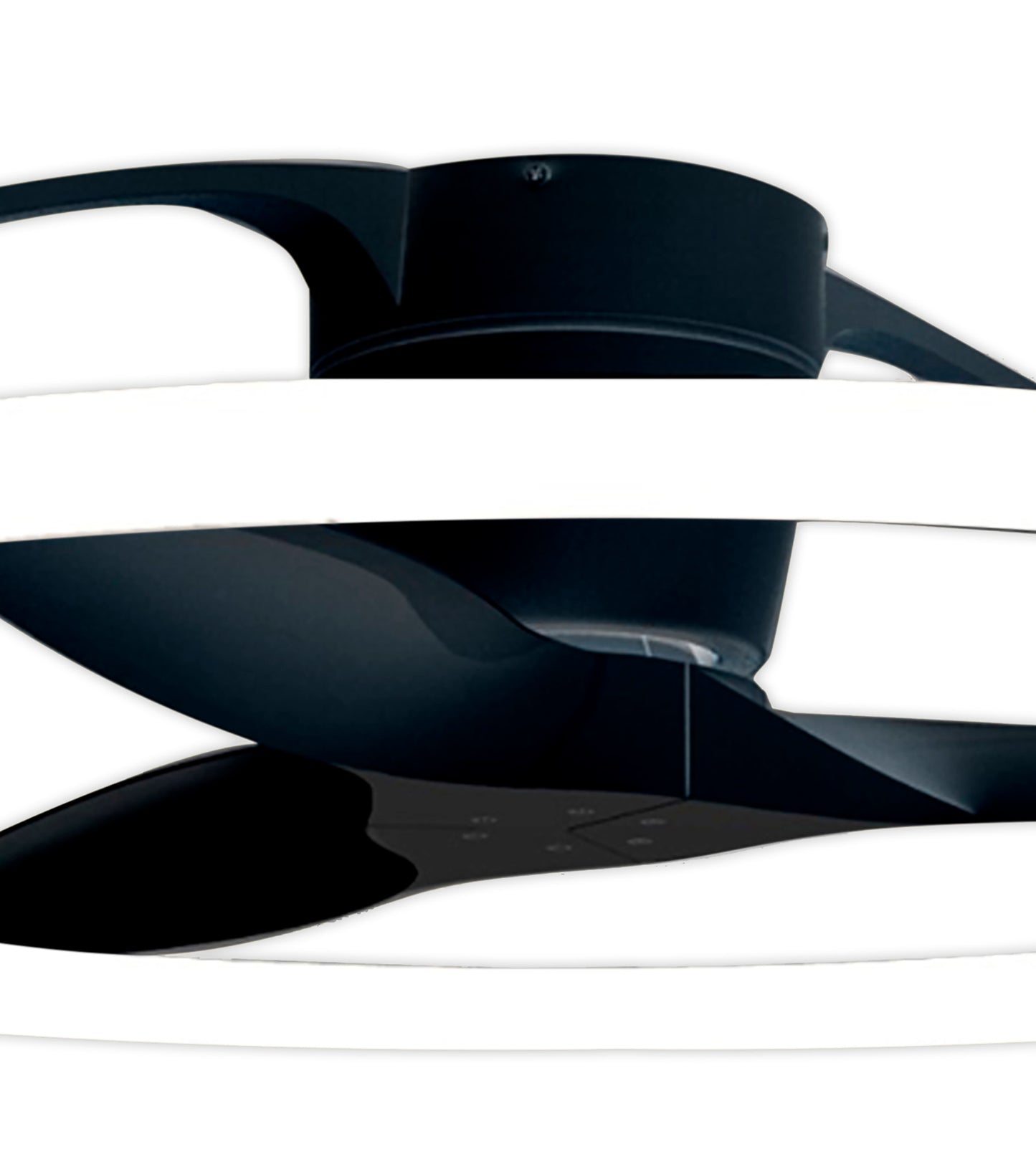 Close-up of the Ceiling Fans UK Nepal Black Ceiling Fan, showcasing its sleek three-blade design and circular 75W LED dimmable light ring. This modern fan, with a minimalist aesthetic against a white background, features a built-in 35W DC reversible motor and offers convenient control via remote, app, or Alexa/Google voice commands, delivering up to 7200 lumens of illumination.