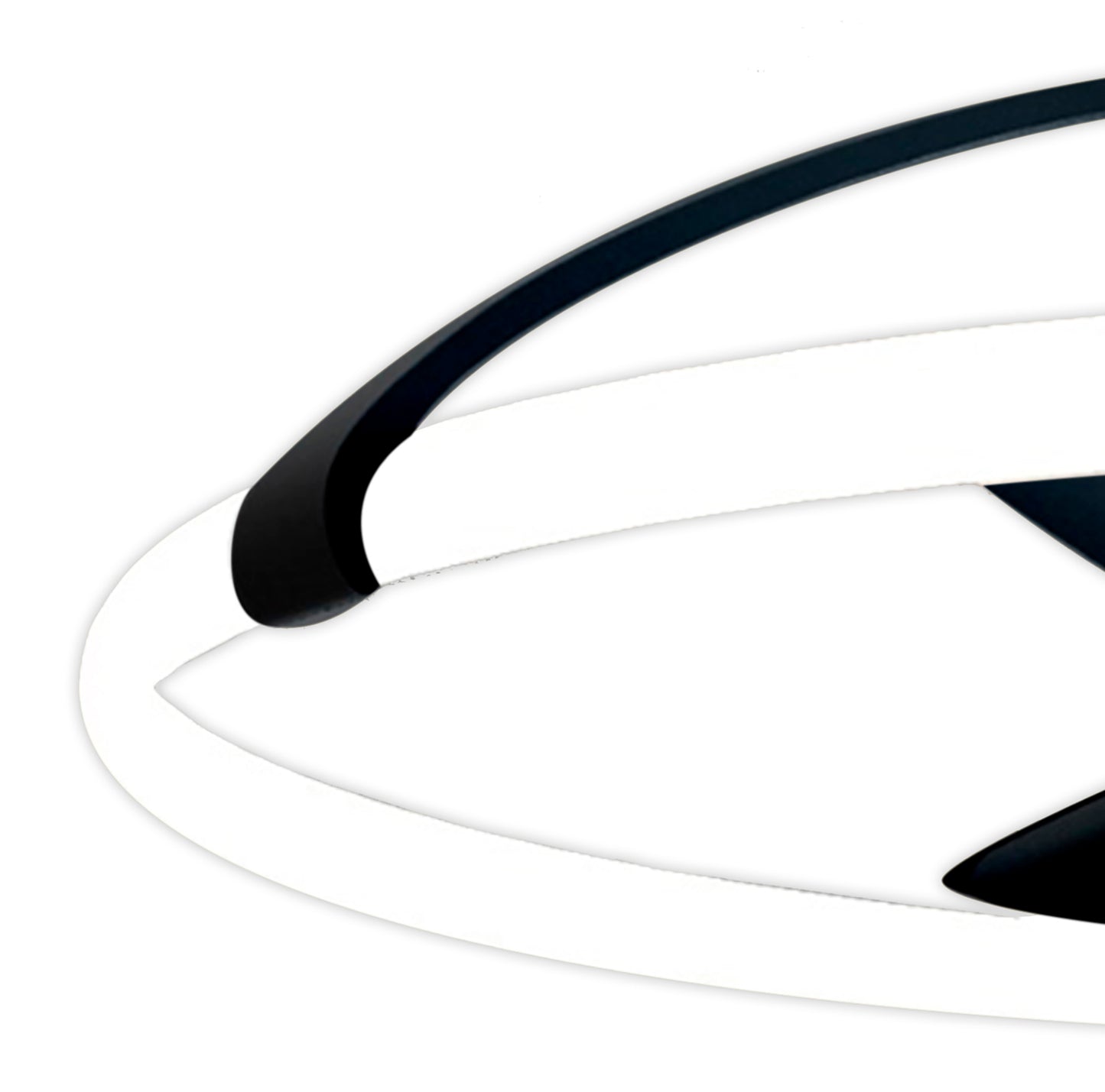 A close-up of the Nepal Black Ceiling Fan from Ceiling Fans UK, showcasing its contemporary, circular LED fixture with a minimalist design. The 105cm fan emits a sleek 75W LED dimmable light from a smoothly curved white band within a black frame. The background is plain white, highlighting the fixture's modern aesthetic and integrated 35W DC reversible fan, which can be controlled via remote control, APP, or Alexa/Google Voice Control.