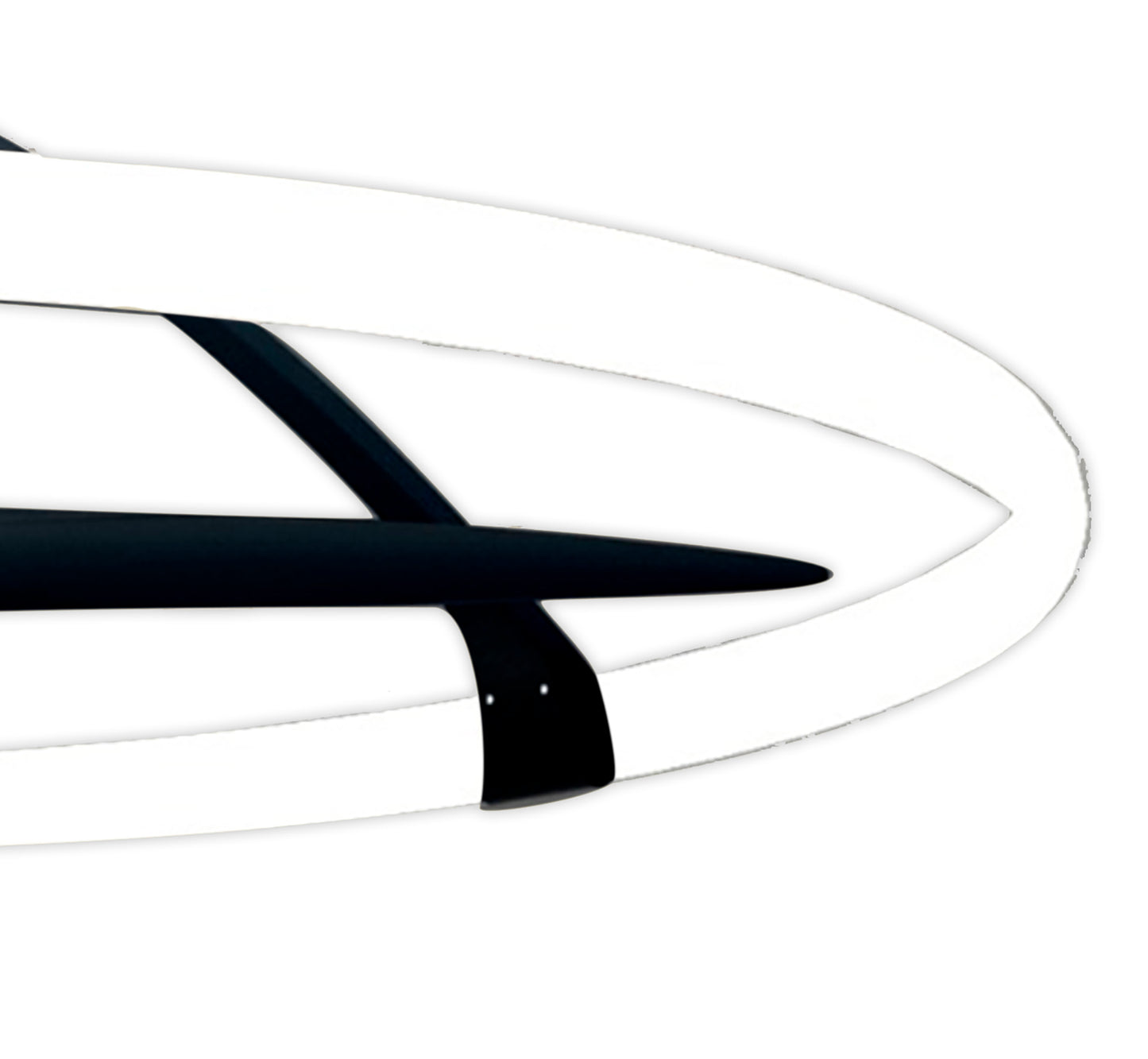 Close-up view of a modern, minimalist chandelier with black metal accents and white light strips, featuring the Ceiling Fans UK Nepal Black Ceiling Fan with Light. The image showcases an intersection of a black supporting structure and a curving white light strip, creating an abstract geometric design. The background is white.