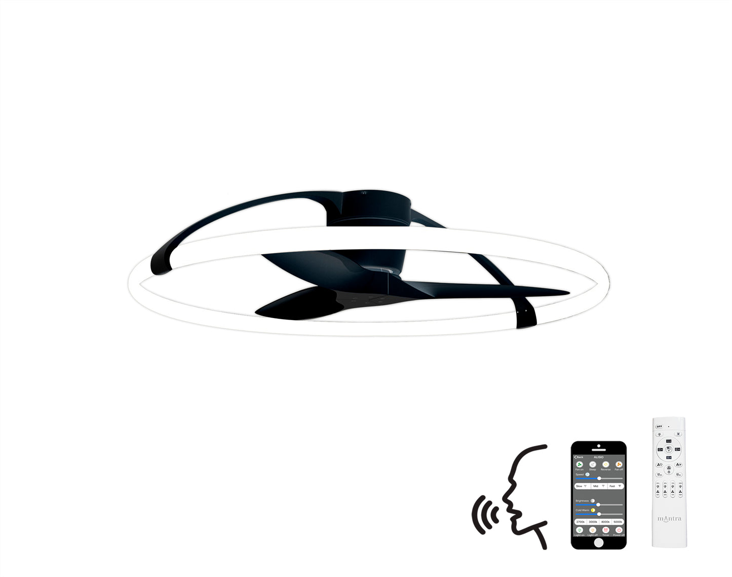 The Nepal Black Ceiling Fan with Light by Ceiling Fans UK features a modern, sleek design with a 105cm diameter and an integrated, dimmable 75W LED light. This stylish ceiling fan comes in black and includes a circular light ring around its blades. Accompanied by an illustrated smartphone and remote control, it showcases advanced features such as Alexa/Google Voice Control and app connectivity for complete convenience.