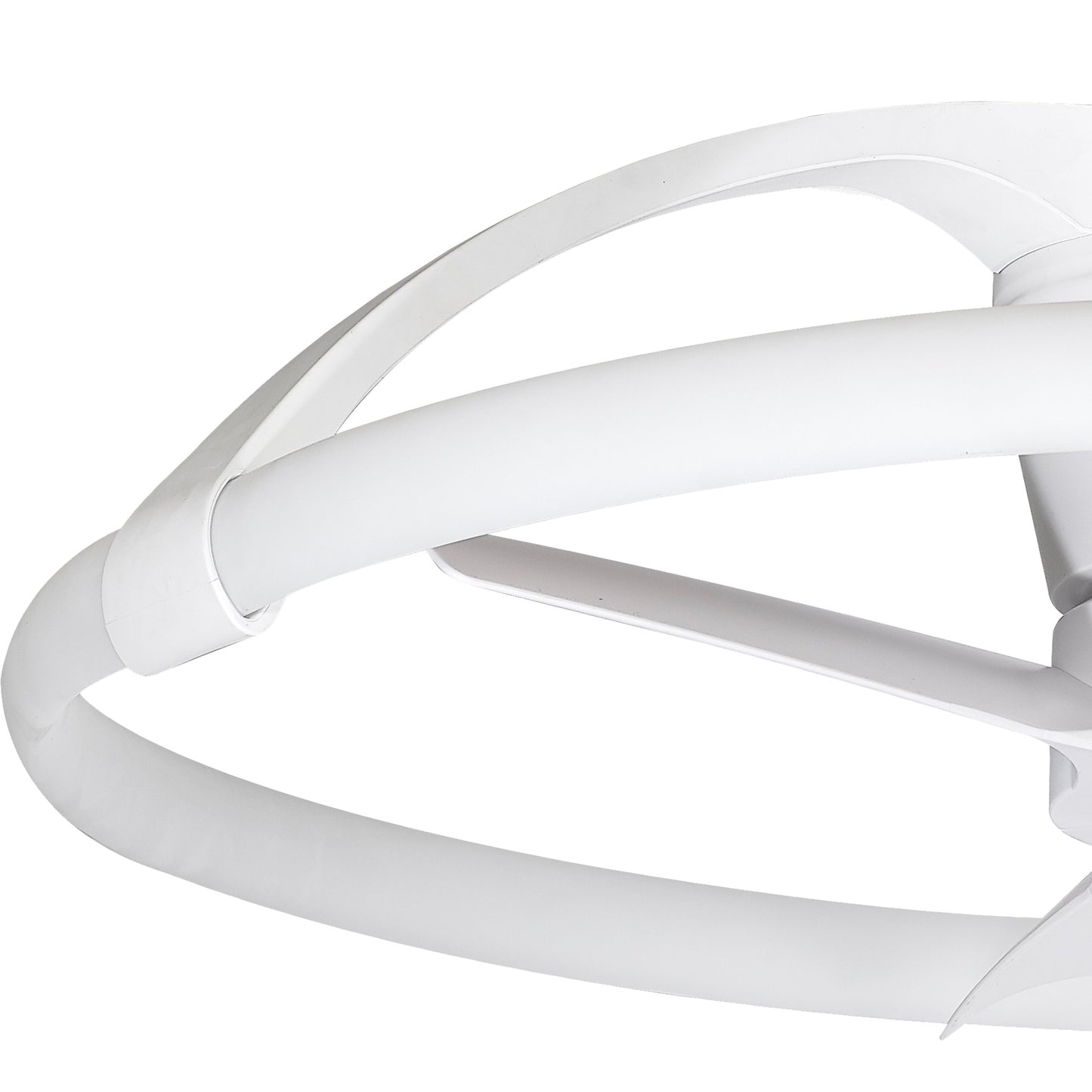 Close-up of the Ceiling Fans UK MANTRA M7801 Nepal Mini White Ceiling Fan (75cm) featuring a 55W LED dimmable ceiling light and built-in 30W DC reversible fan, complete with remote and app control, set against a white background.