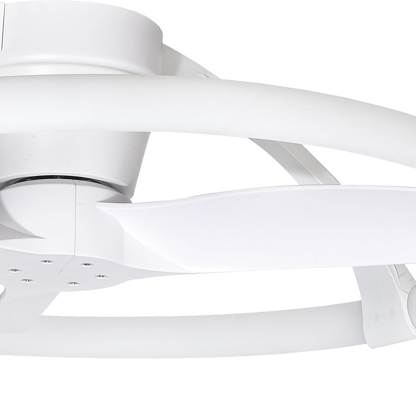 Close-up of the MANTRA M7801 Nepal Mini White Ceiling Fan from Ceiling Fans UK—75cm, 55W LED dimmable ceiling light, built-in 30W DC reversible fan with three blades, remote and app control, shown against a white background.