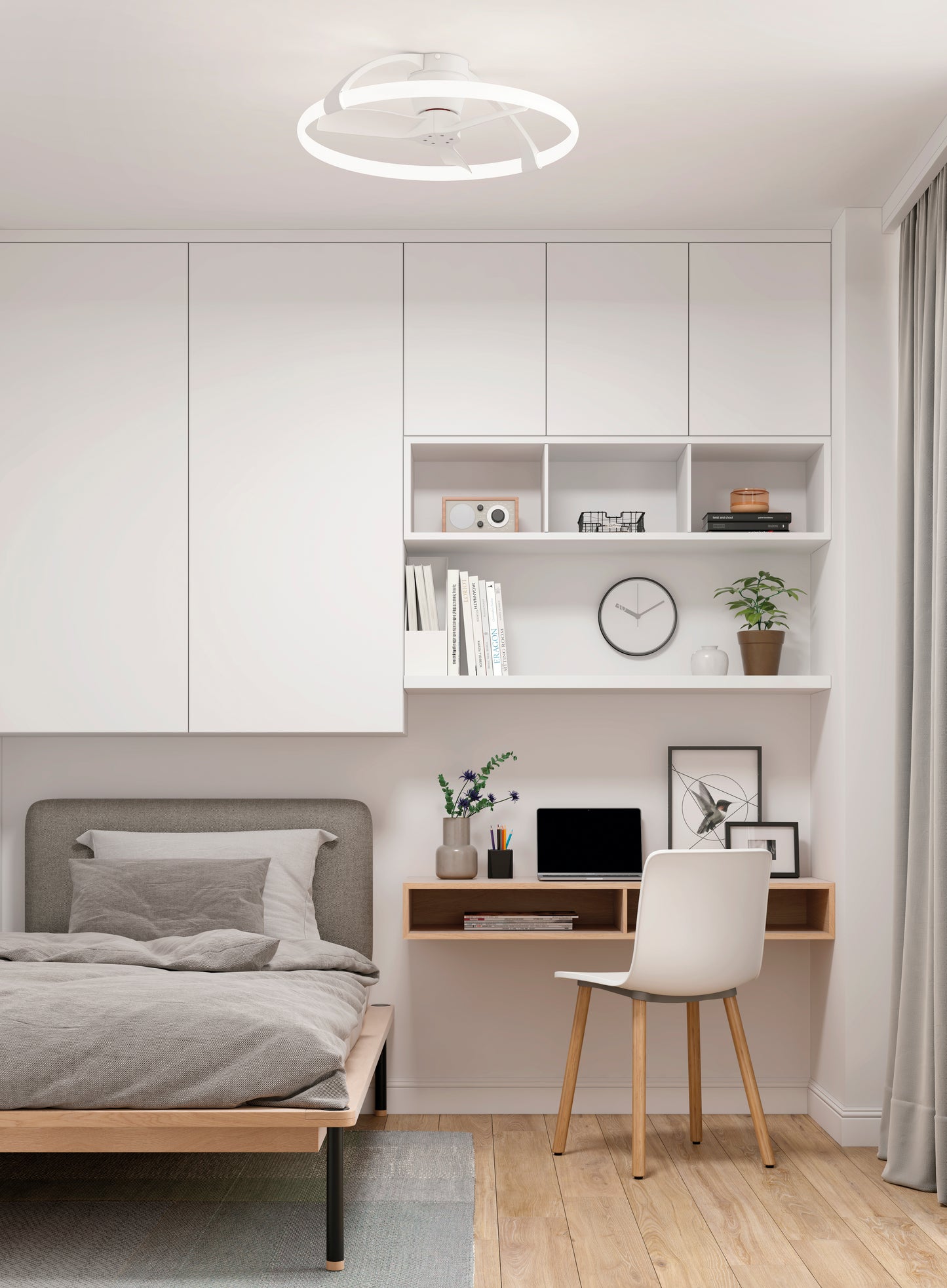 A minimalist bedroom with gray bedding, white cabinets, and a wooden desk is elevated by the Ceiling Fans UK MANTRA M7801 Nepal Mini White Ceiling Fan with dimmable LED light and remote & APP control, blending comfort and style into the serene space.