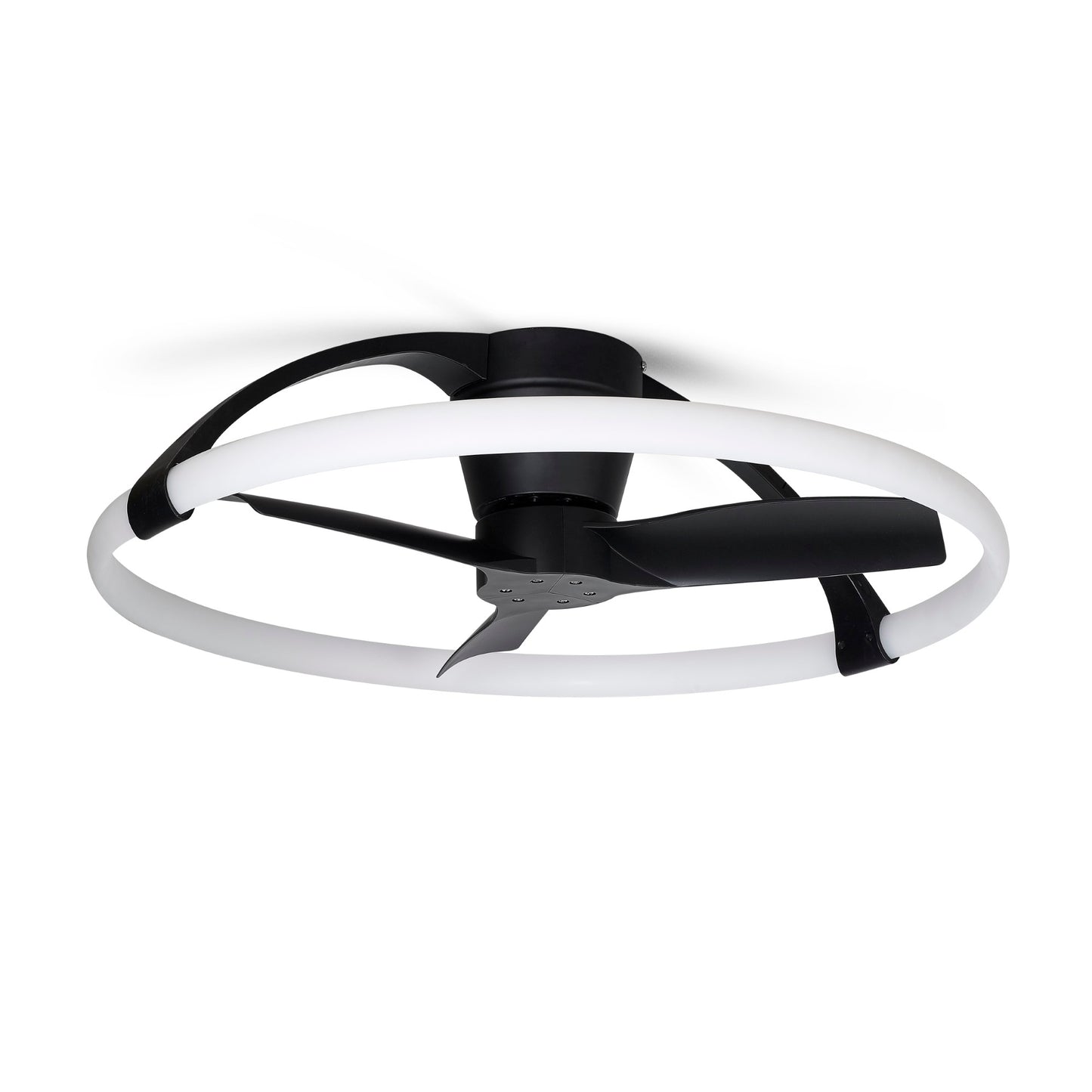 The Ceiling Fans UK MANTRA M7802 Nepal Black Mini Ceiling Fan features three black blades, a 75cm dimmable 55W LED ceiling light ring, a built-in 30W reversible DC fan, and includes remote & app control.