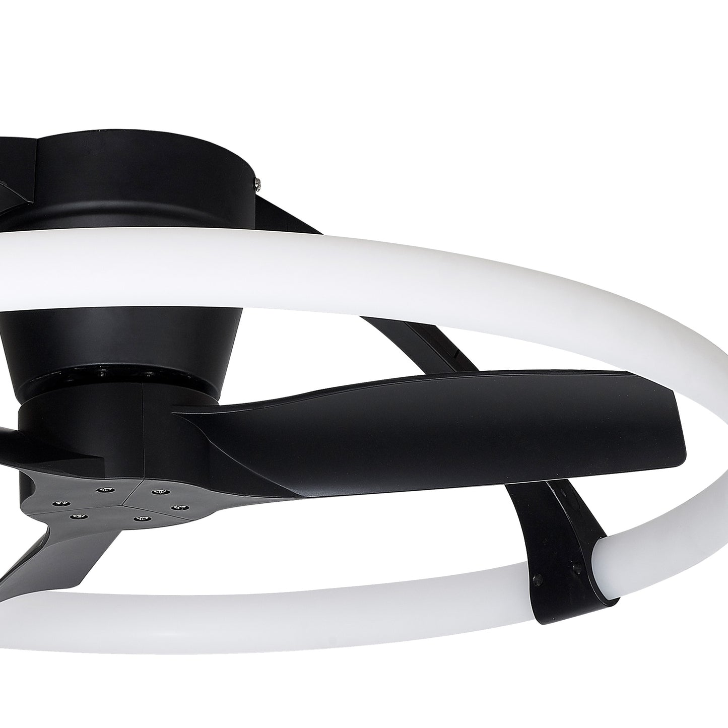 Close-up of the Ceiling Fans UK MANTRA M7802 Nepal Black Mini Ceiling Fan with 75cm blades, built-in 55W dimmable LED light, and 30W DC reversible motor, all controlled via remote or app and mounted on a sleek black base.