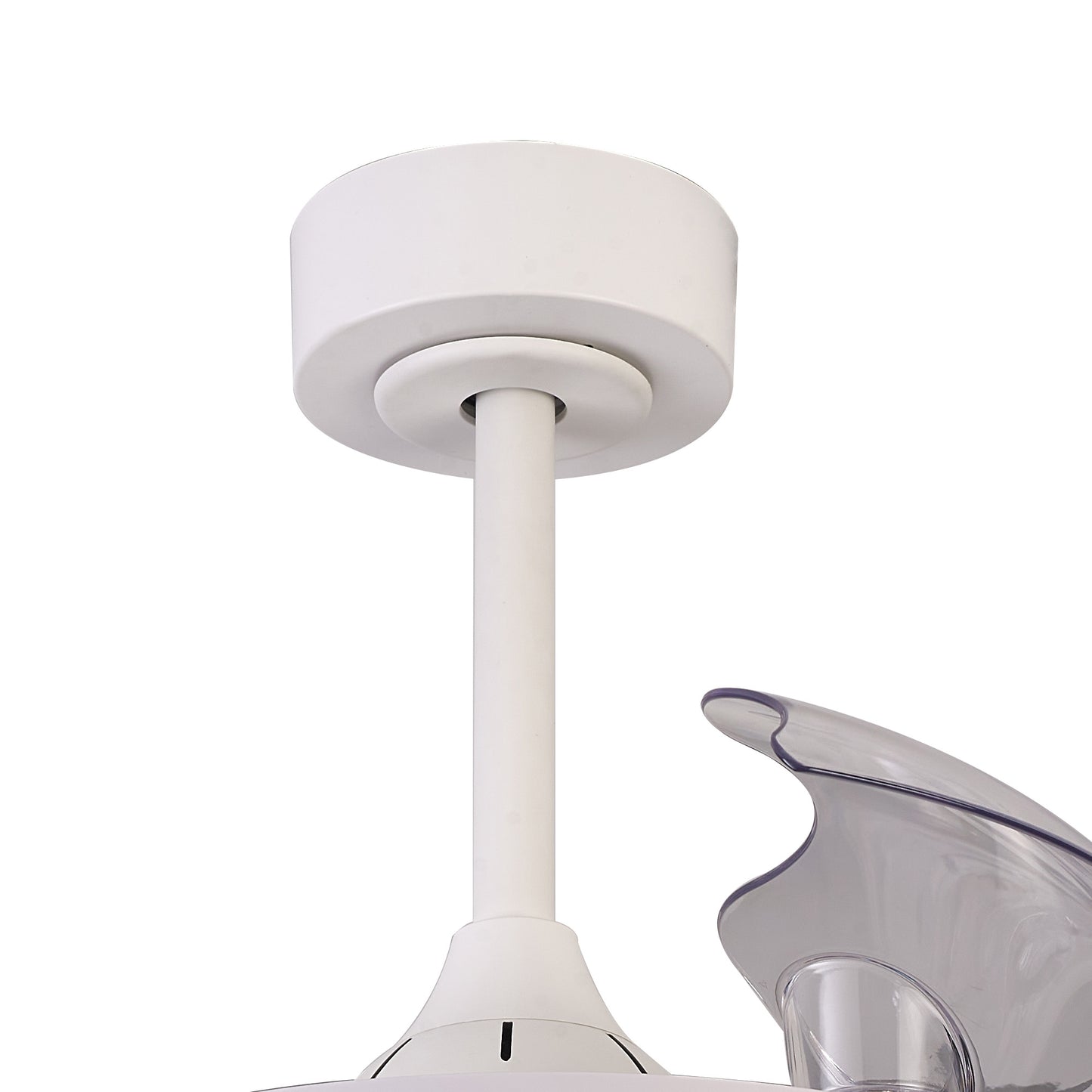 Close-up of the Ceiling Fans UK North White Ceiling Fan with Light 40W LED Dimmable White/RGB mount, focusing on the downrod and canopy. Part of the transparent, slightly curved fan blade is also visible on the right side of the image. The background is plain white.