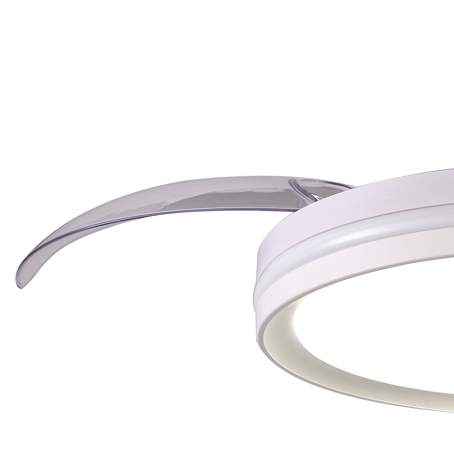 Close-up of the North White Ceiling Fan with Light by Ceiling Fans UK, featuring a modern circular white dimmable LED ceiling light with a sleek metallic accent curving around its top edge. This minimalist and contemporary 40W LED fixture, complete with a built-in 28W DC reversible fan and remote control, is perfect for adding elegance and functionality to any room. Includes a 5-year warranty for peace of mind.