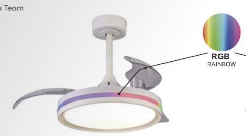 The Ceiling Fans UK North White Ceiling Fan with Light features a 40W dimmable LED ceiling light incorporating RGB rainbow colors, creating a vibrant multicolored band. The fan is equipped with three sleek silver blades and an extending rod that connects it to the ceiling mount. It includes a built-in 28W DC reversible fan and comes with a remote control for added convenience, along with a 5-year warranty.