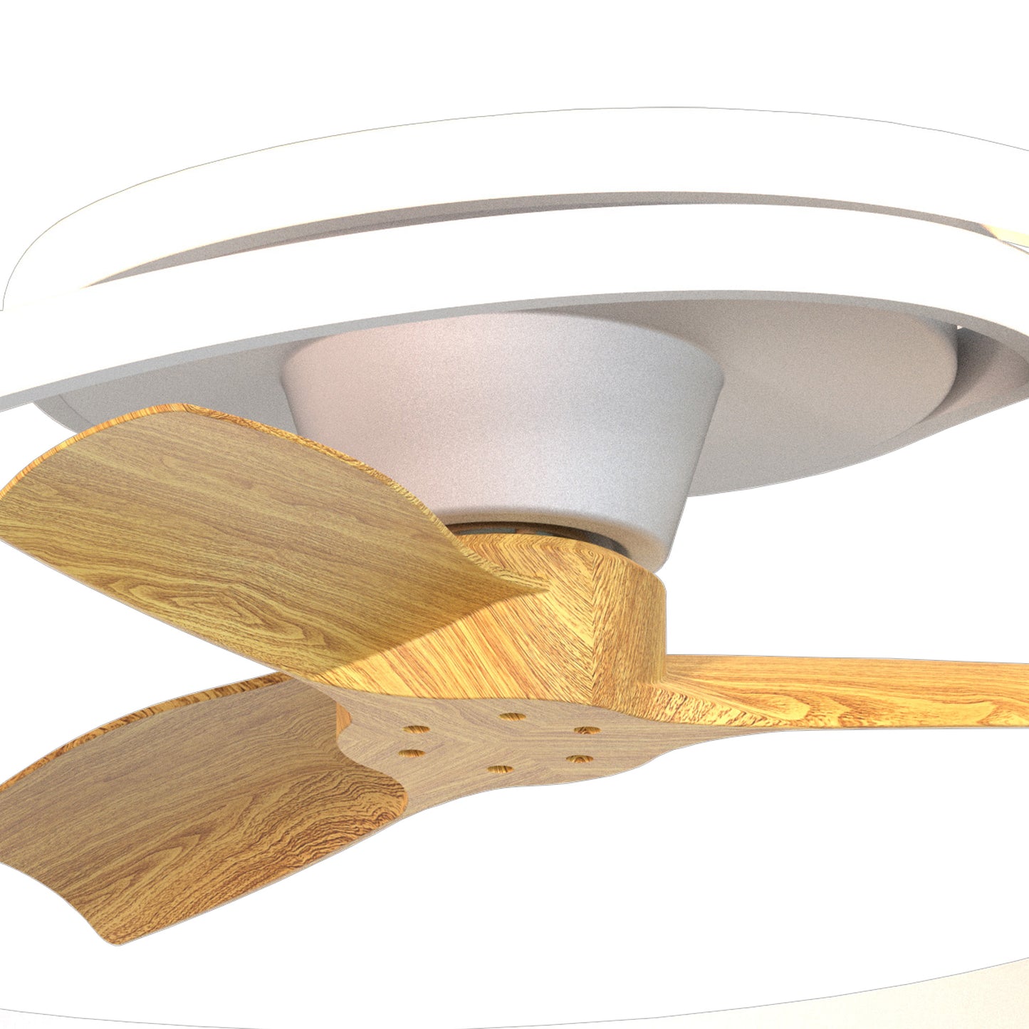 Close-up of the MANTRA M8235 Ocean White/Wood Ceiling Fan by Ceiling Fans UK, featuring three wooden blades, a sleek white housing with a 60W dimmable 4200lm LED light, built-in 35W reversible DC fan, shown against a plain white background.