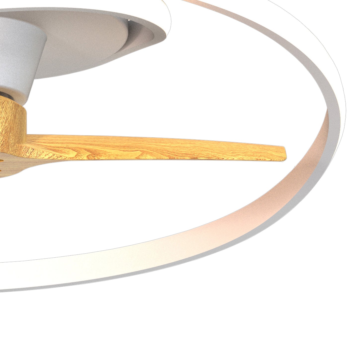 Close-up of the MANTRA M8235 Ocean White/Wood Ceiling Fan by Ceiling Fans UK, featuring a 78cm dimmable 4200lm LED light, sleek white base, light wood blade, and built-in 35W DC reversible fan. Includes a 5-year warranty.