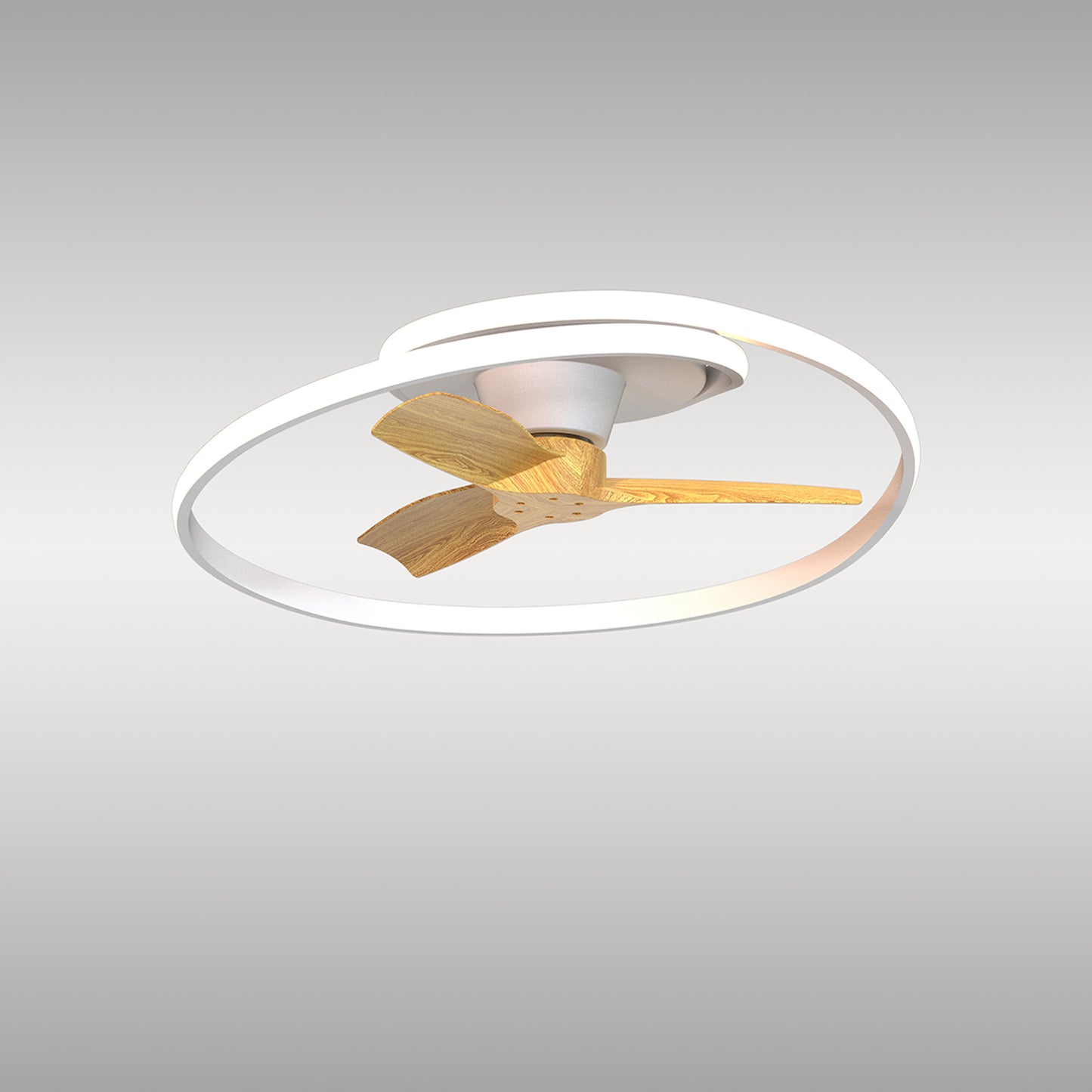 The MANTRA M8235 Ocean White/Wood Ceiling Fan by Ceiling Fans UK features three wood blades and a 60W dimmable 4200lm LED ceiling light with reversible 35W DC motor, shown on a plain light gray background.