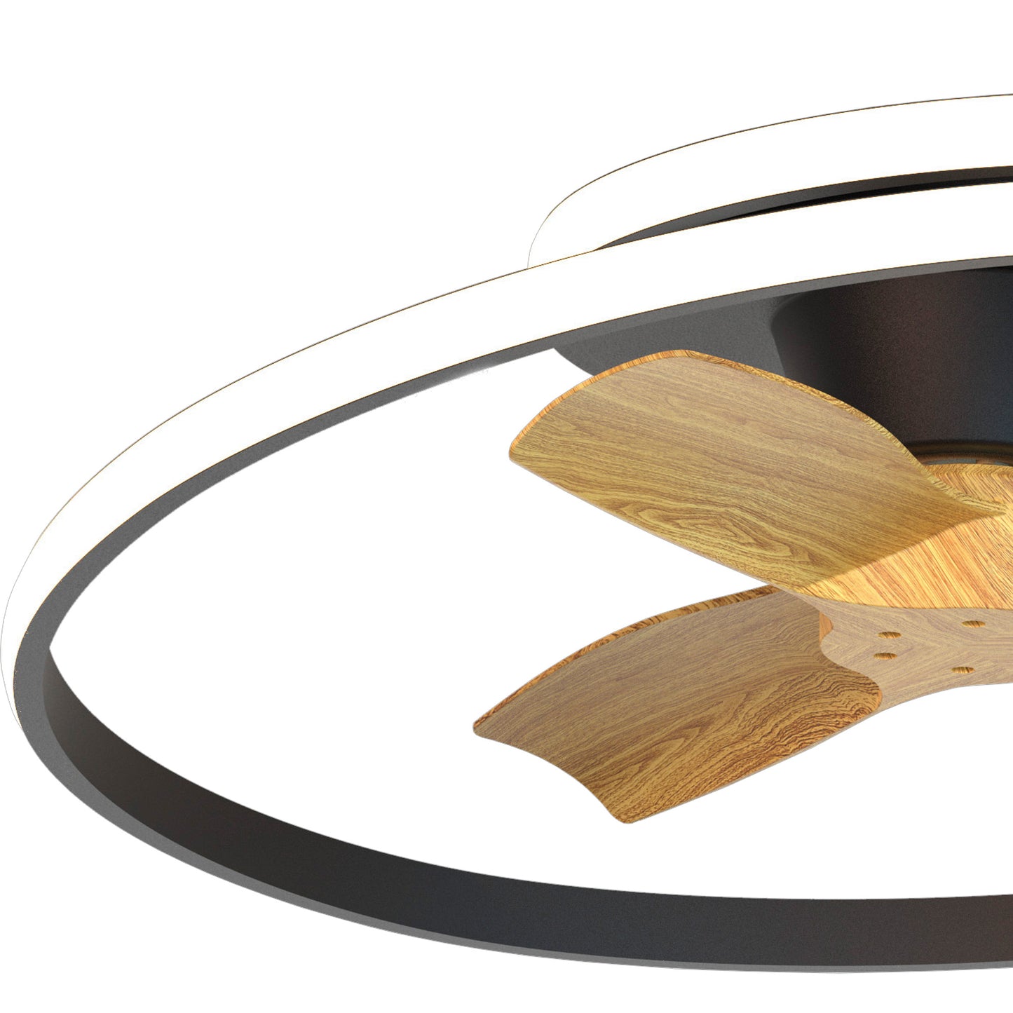 The MANTRA M8236 Ocean Black/Wood Ceiling Fan by Ceiling Fans UK features three wooden blades, a circular dimmable 60W LED light ring, built-in 35W DC reversible fan, 78cm span, and a modern black base—perfect against white backgrounds.