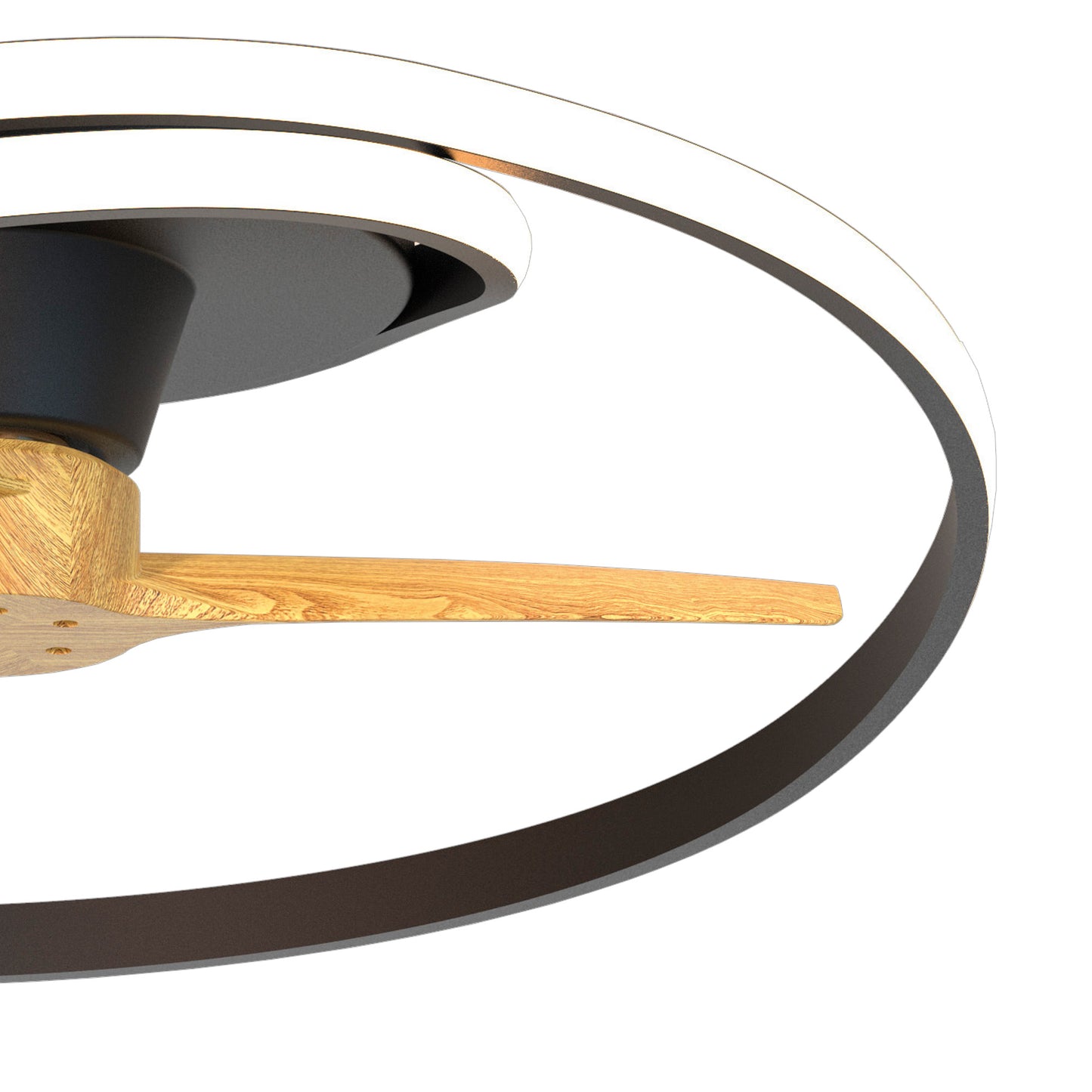 Close-up of the Ceiling Fans UK MANTRA M8236 Ocean Black/Wood 78cm ceiling fan with a 60W dimmable LED light, built-in 35W DC reversible fan, 5-year warranty, and stylish black and wood finish against a white background.
