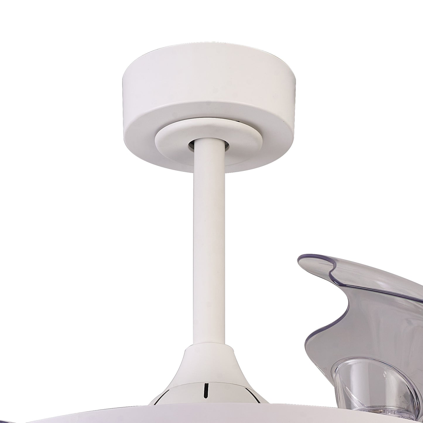Close-up of the white ceiling fan mount attached to the ceiling, with part of the fan's rod and a single curved, translucent blade in the foreground. The Rafaga 50W LED Dimmable White/RGB Ceiling Light with Built-In 30W DC Reversible Fan from Ceiling Fans UK showcases its sleek design near the ceiling while offering energy efficiency and control via remote control.