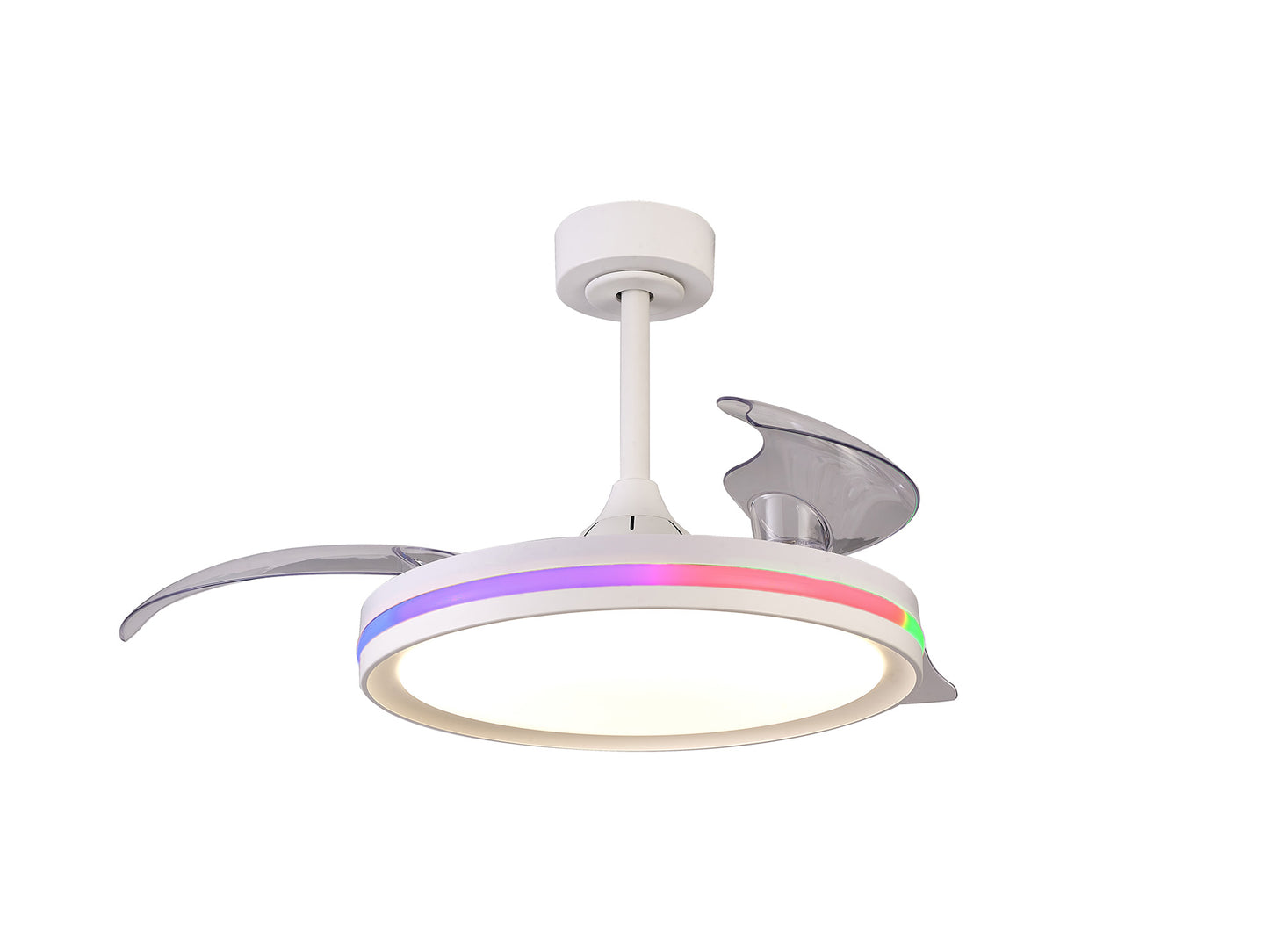 The Rafaga 50W LED Dimmable White/RGB Ceiling Light With Built-In 30W DC Reversible Fan by Ceiling Fans UK features three transparent blades and an integrated circular light at the core. The hub has a colorful LED strip that emits a soft rainbow glow. Mounted on a short white rod connected to a white base, this fixture includes a remote control for added convenience, adjustable color temperature from 3000K to 6500K, and delivers 3200 lumens. It also comes with a reassuring 5-year warranty.