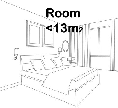 Line drawing of a small bedroom featuring the Ceiling Fans UK MANTRA M8221 Coin Black Mini Ceiling Fan with 45W dimmable LED light, 25W reversible fan, remote & APP control. Large text above reads "Room <13m².
