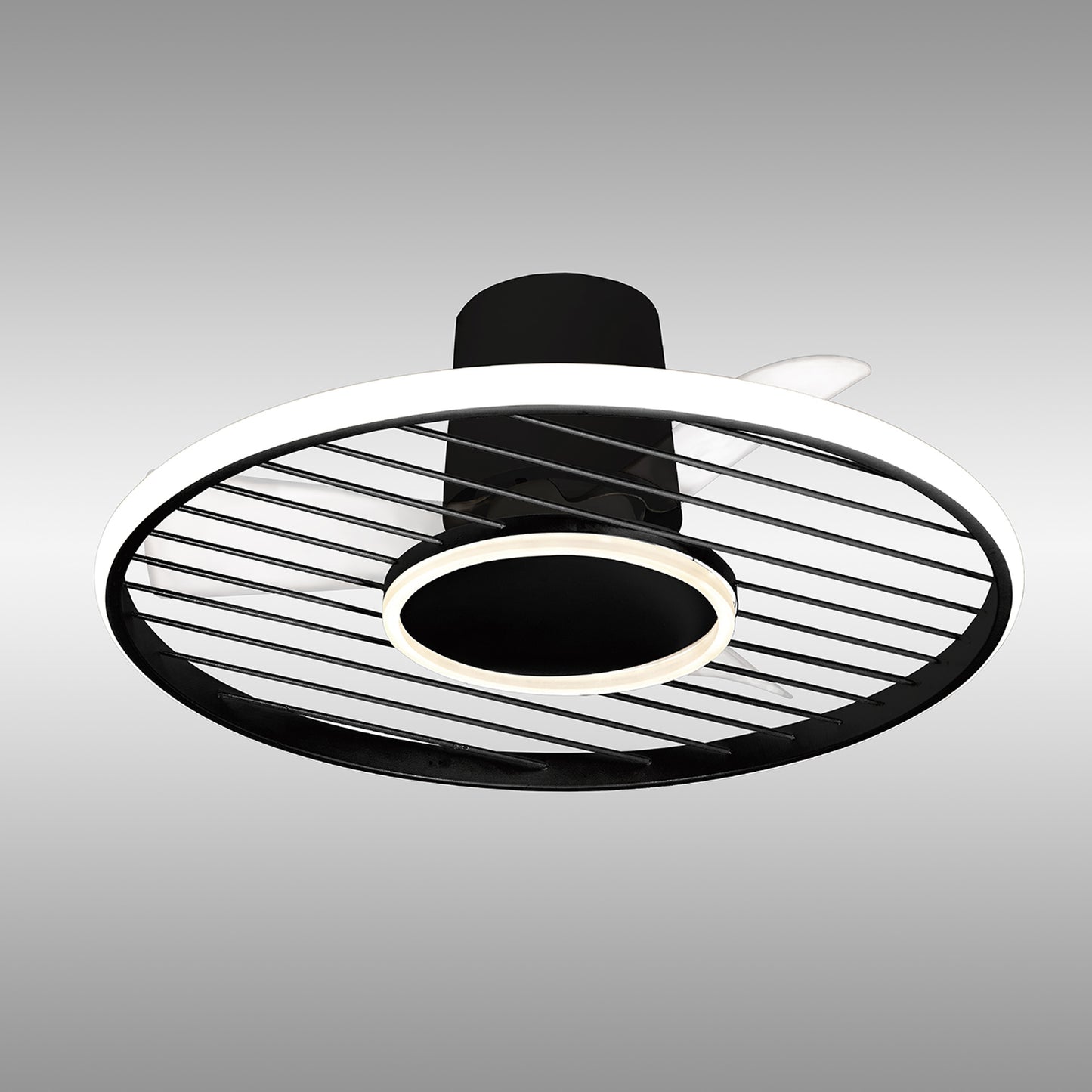 The Ceiling Fans UK MANTRA M8721 Soho is a modern 66cm black ceiling fan with dimmable 45W LED light in a white ring and circular design, viewed from below against gray. Includes remote & app control. Comes with 5-year warranty.