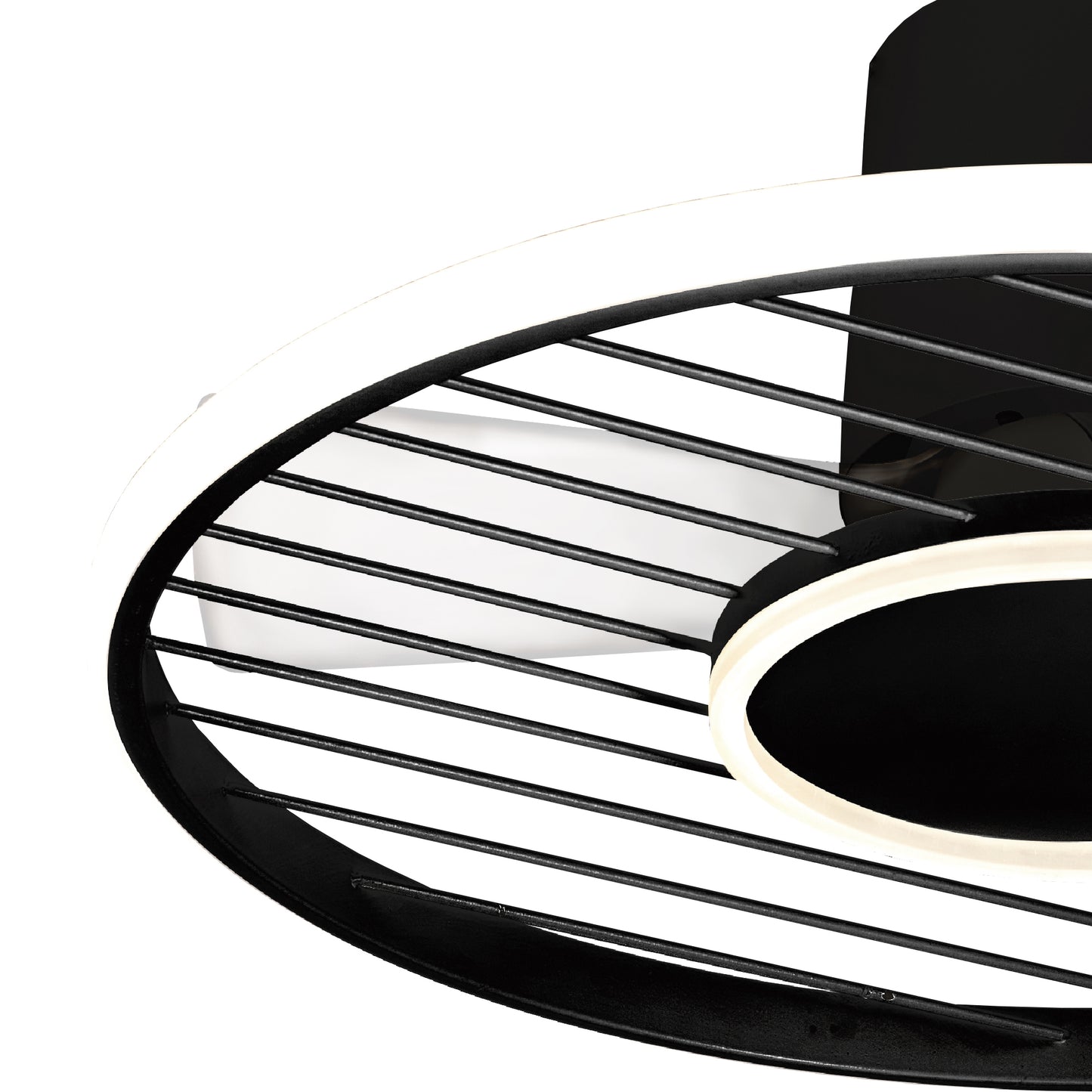 Close-up of the Ceiling Fans UK MANTRA M8721 Soho Black 66cm ceiling fan with 45W dimmable LED light, built-in 30W DC fan, black grill blades, remote & app control—shown against a white background.