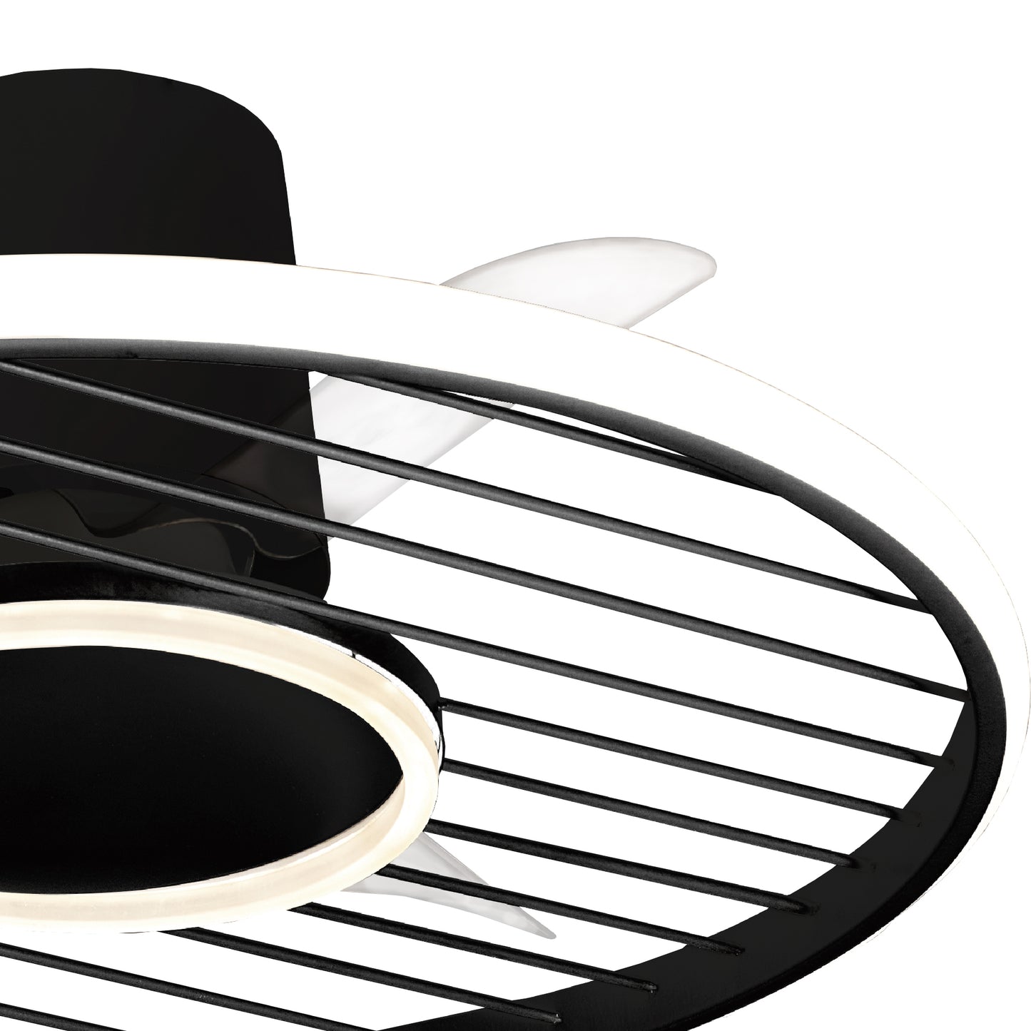 Close-up view of the Ceiling Fans UK MANTRA M8721 Soho Black 66cm ceiling fan with light, featuring a dimmable 45W LED, built-in 30W DC fan, translucent blades, black metal grille, remote & app control. 5-year warranty.