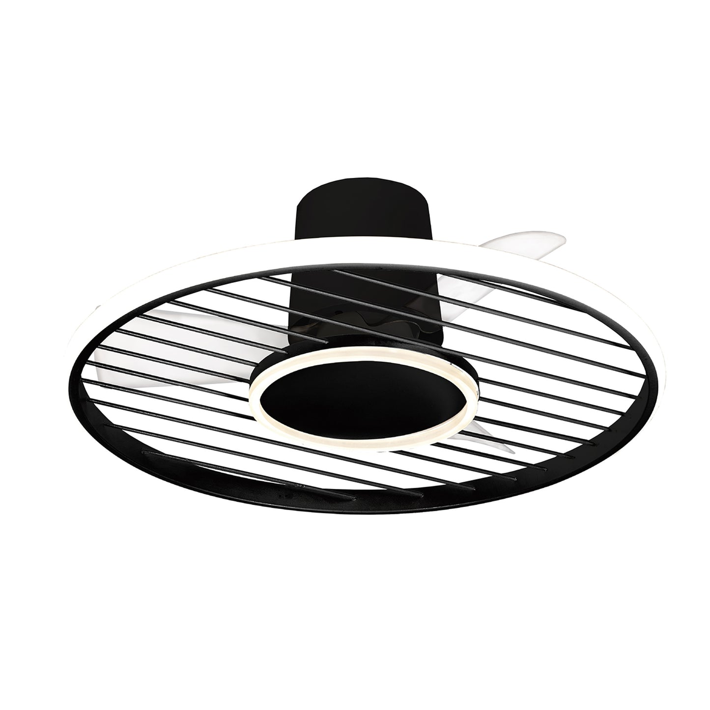 The Ceiling Fans UK MANTRA M8721 Soho Black Ceiling Fan features a 66cm dimmable 45W LED light, built-in 30W DC fan, black blades in a white ring, and offers remote & app control. Includes a 5-year warranty.