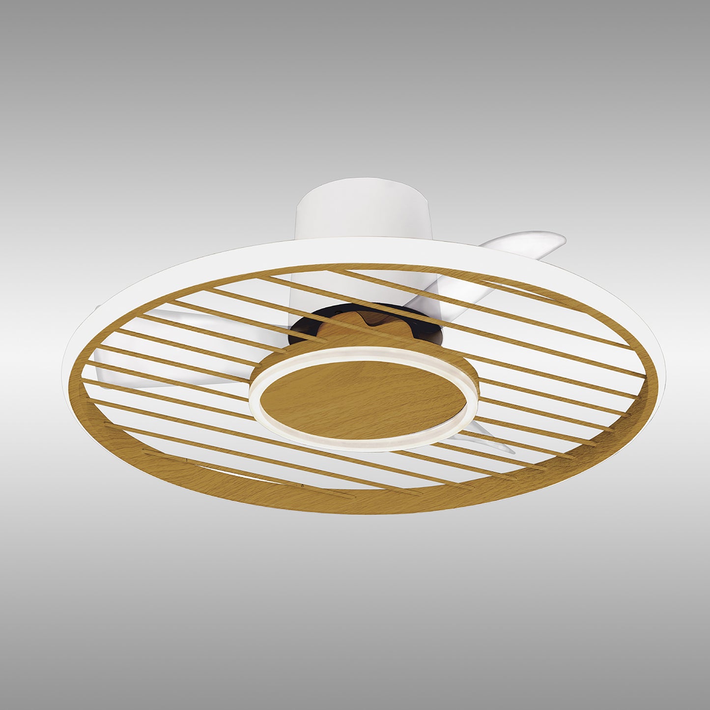 A modern, ceiling-mounted white and wood-accented range hood viewed from below reveals a cylindrical central unit encircled by a circular wooden grille, showcasing a stylish and minimalist design reminiscent of the Soho White/Wood Ceiling Fan with Light by Ceiling Fans UK. This 66cm fixture, featuring a 45W LED Dimmable Ceiling Light and built-in 30W DC fan, offers remote and APP control for adjustable color temperature. The background is set against a plain, light grey gradient.