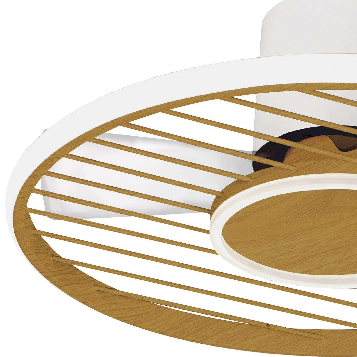 A close-up view of the Ceiling Fans UK's Soho White/Wood Ceiling Fan with Light 66cm showcases its modern, circular design. The blades are enclosed in a wooden frame with evenly spaced white slats. The central motor housing, which offers adjustable color temperature, is partially visible with a sleek, minimalist appearance. This 45W LED dimmable ceiling light comes equipped with a built-in 30W DC fan and can be controlled via remote or app, backed by a 5-year warranty.